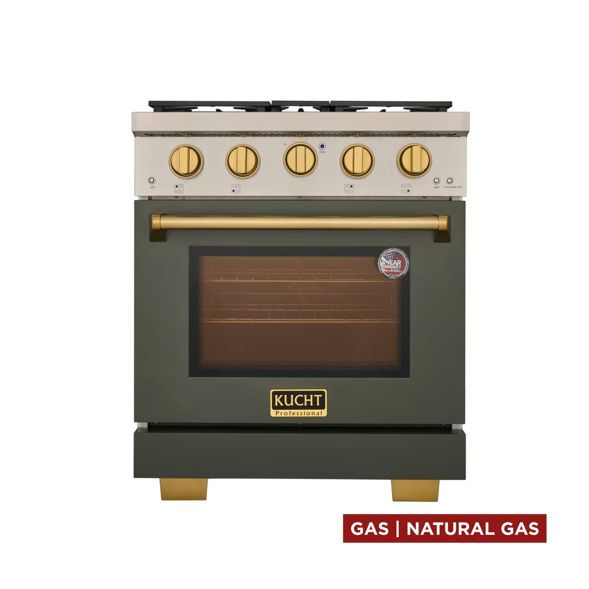 Kucht - 30 in. 4.2 cu. ft. Natural Gas Range and Convection Oven in Olive Green with gold knobs and True Simmer Burners - Olive  Green price history on PriceWatchPro