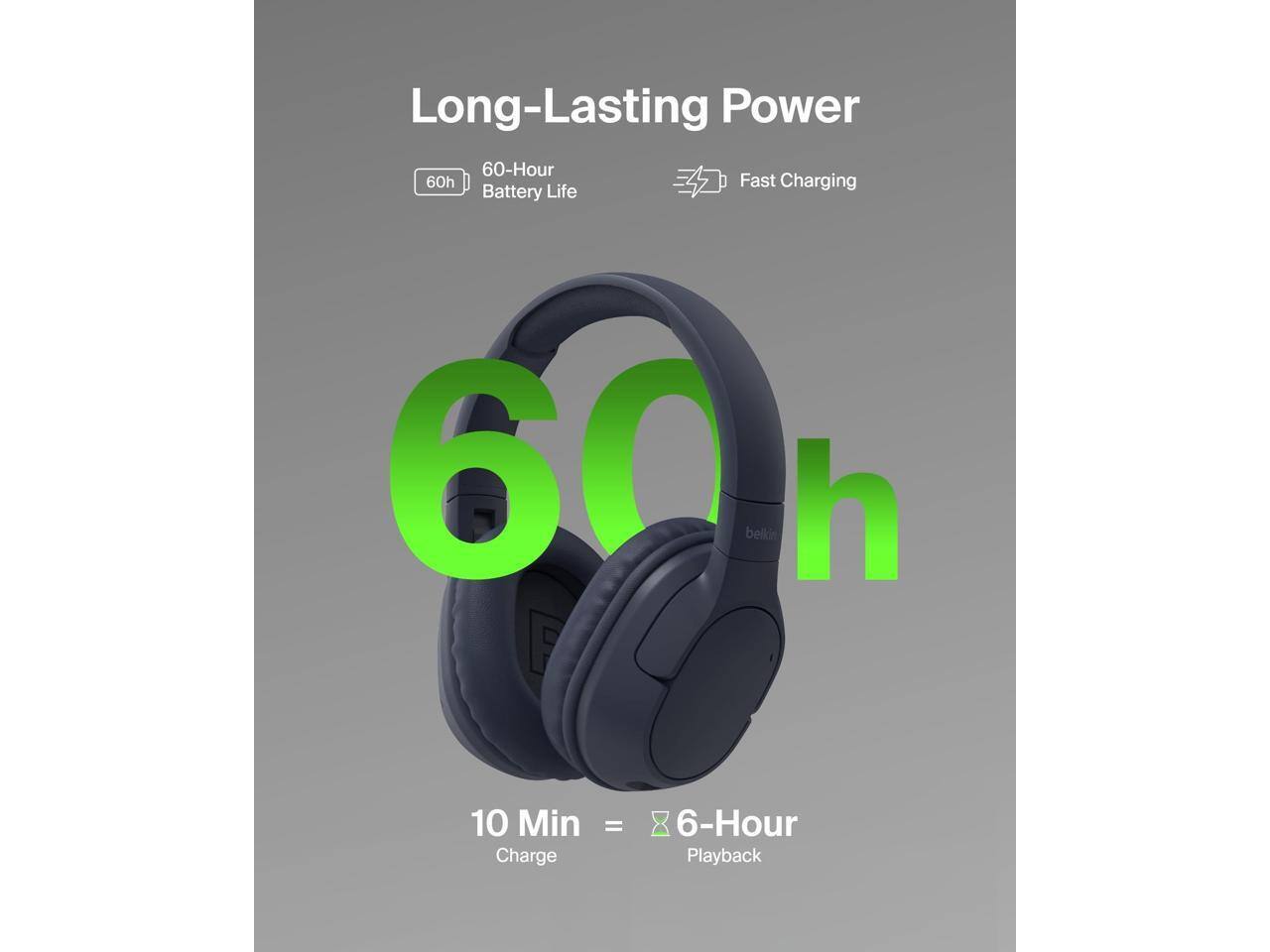 Long-Lasting Power  
60-Hour Battery Life  
Fast Charging  
10 Min Charge = 6-Hour Playback