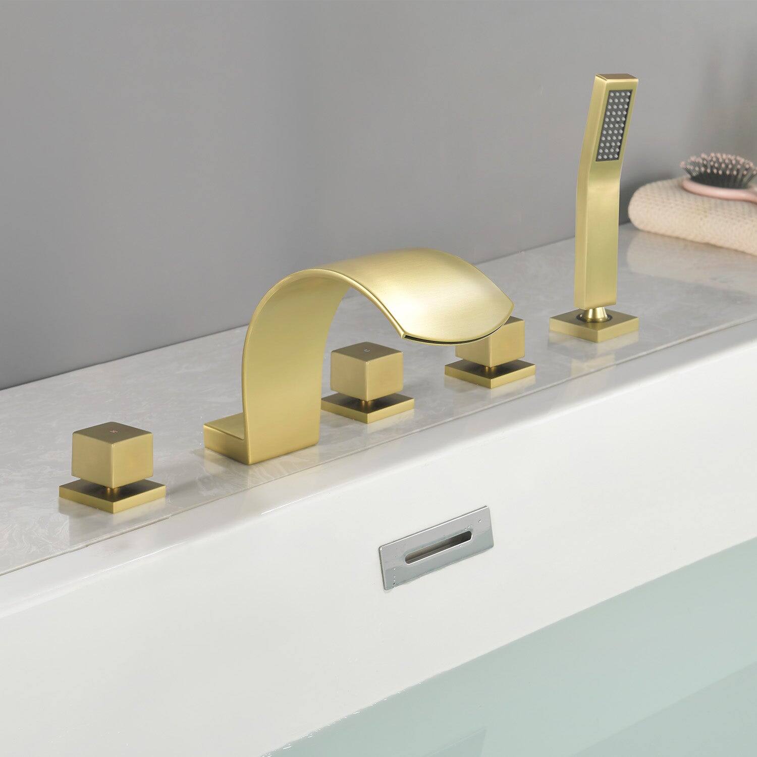 Alt View 1. Boyel Living - Brushed Gold Cold and Hot Waterfall Flow Handheld Shower Bath Tub Faucet Five Hole Installation Durable Designl - Brushed Gold.