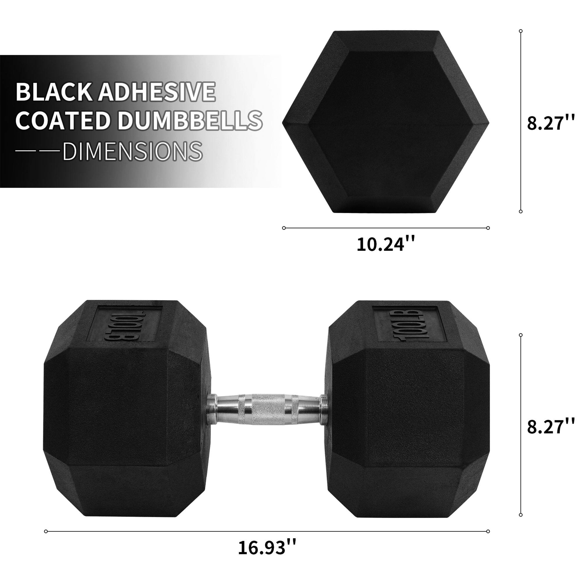 BLACK ADHESIVE COATED DUMBBELLS DIMENSIONS

- 8.27" 
- 10.24" 
- 16.93"