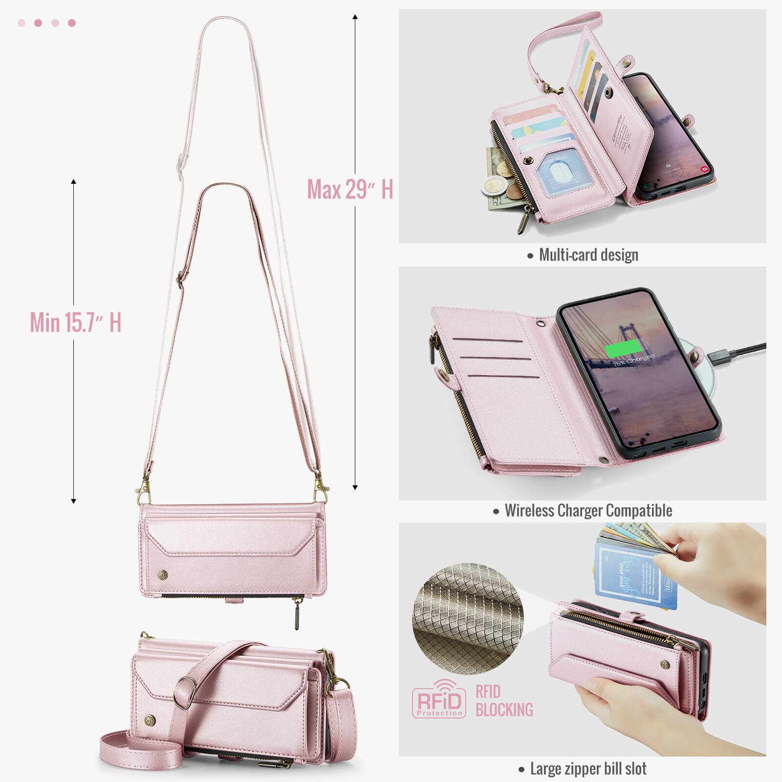 - Max 29" H
- Min 15.7" H
- Multi-card design
- Wireless Charger Compatible
- RFID BLOCKING Protection
- Large zipper bill slot