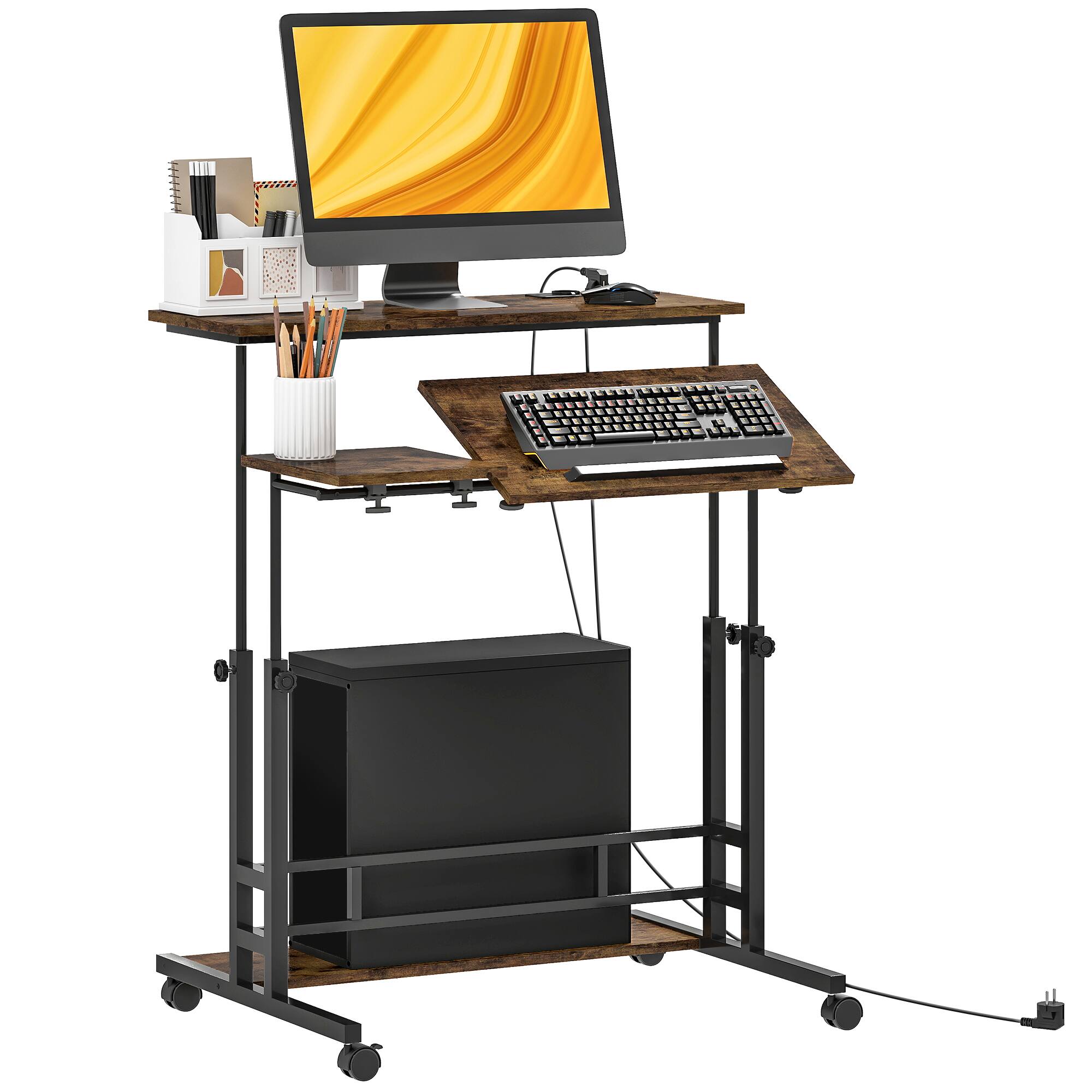 Homcom - Standing Desk with Power Outlets, Stand Up Desk with Tiltable Tabletop, Wheels, Shelf - Brown