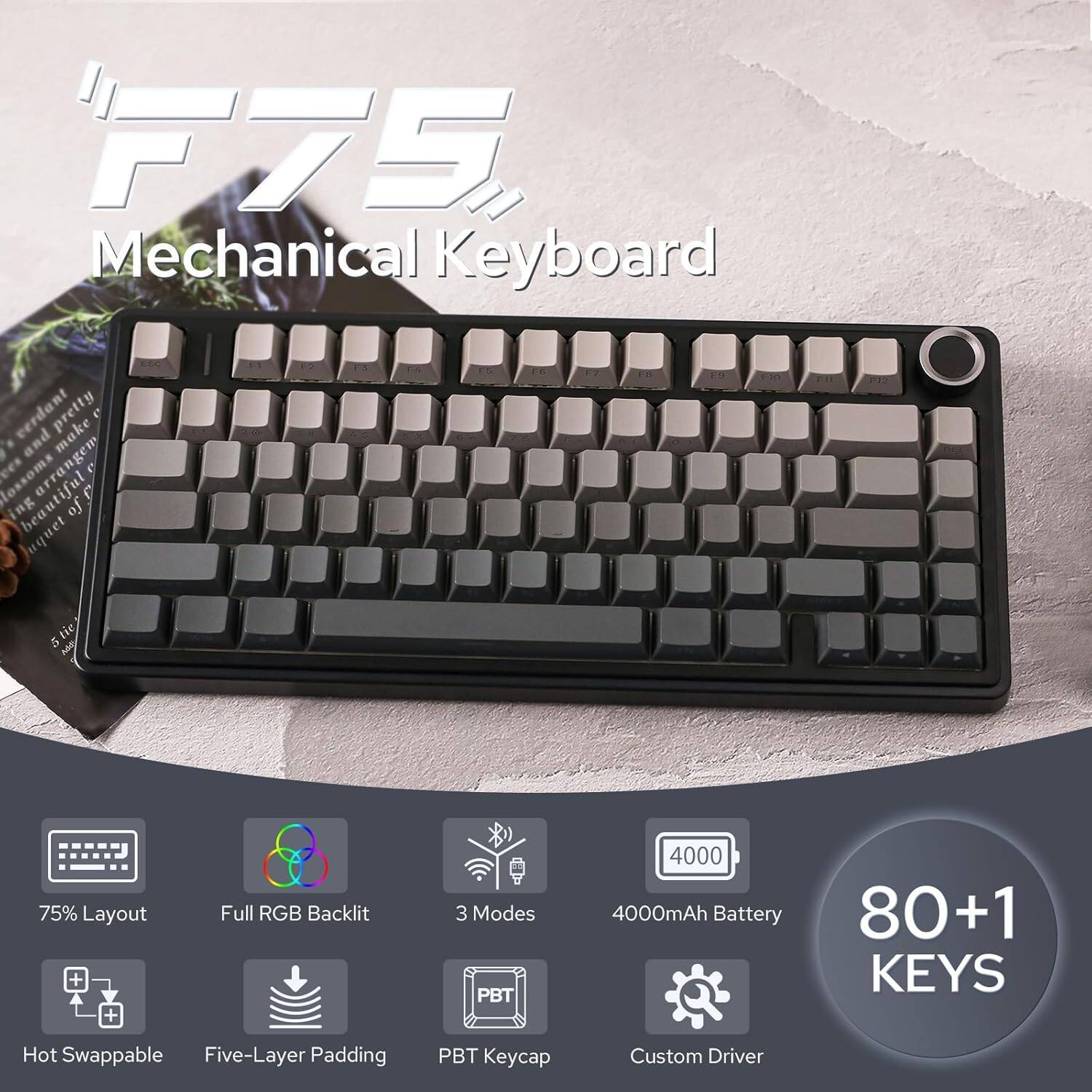 F75 Mechanical Keyboard

- 75% Layout
- Full RGB Backlit
- 3 Modes
- 4000mAh Battery
- 80+1 KEYS
- Hot Swappable
- Five-Layer Padding
- PBT Keycap
- Custom Driver