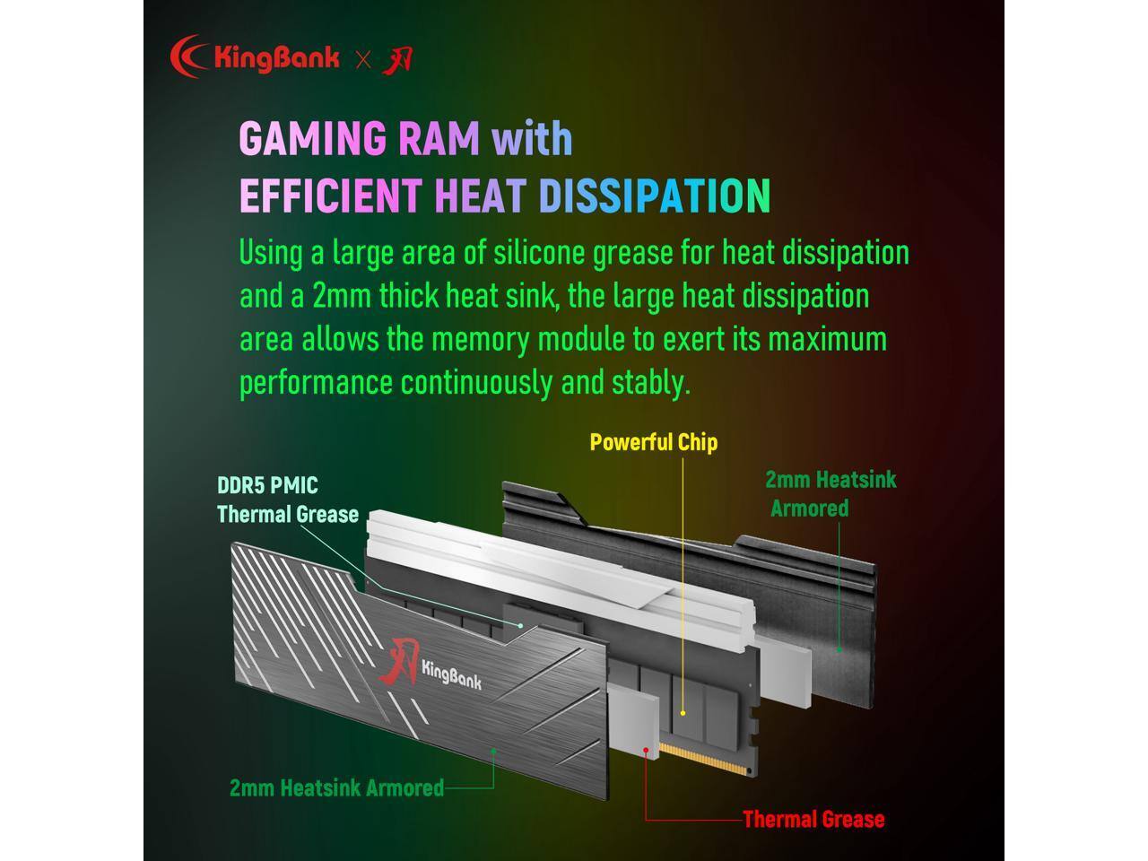 KingBank X GAMING RAM with EFFICIENT HEAT DISSIPATION

Using a large area of silicone grease for heat dissipation and a 2mm thick heat sink, the large heat dissipation area allows the memory module to exert its maximum performance continuously and stably.

DDR5 PMIC Thermal Grease  
Powerful Chip  
2mm Heatsink Armored  
2mm Heatsink Armored  
Thermal Grease