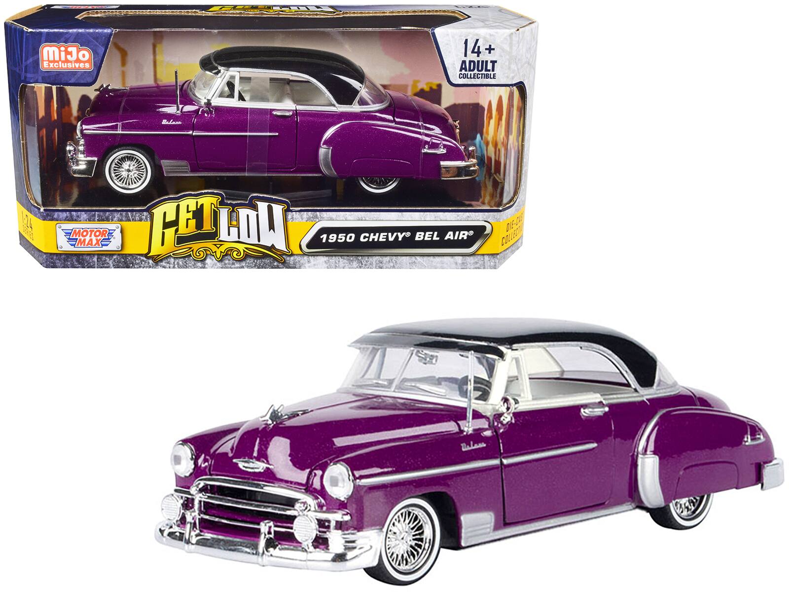 "1950 Chevrolet Bel Air Lowrider Purple Metallic w/Black Top & White Interior ""Get Low"" Series 1/24 Model Car by Motormax" price history on PriceWatchPro