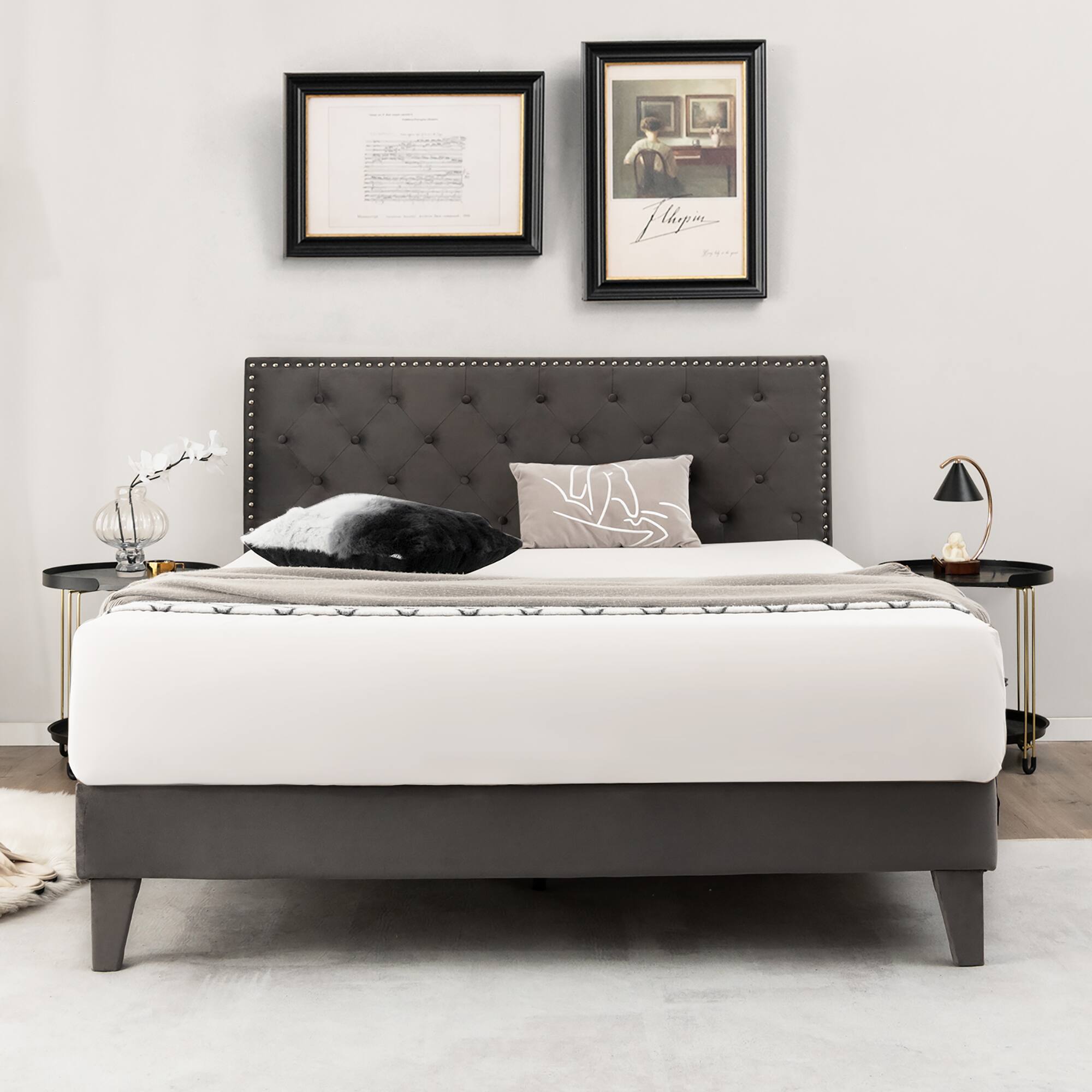 Alt View 1. Costway - Costway Queen Bed Frame Upholstered Platform Bed with Tufted Headboard Mattress Foundation - Grey.