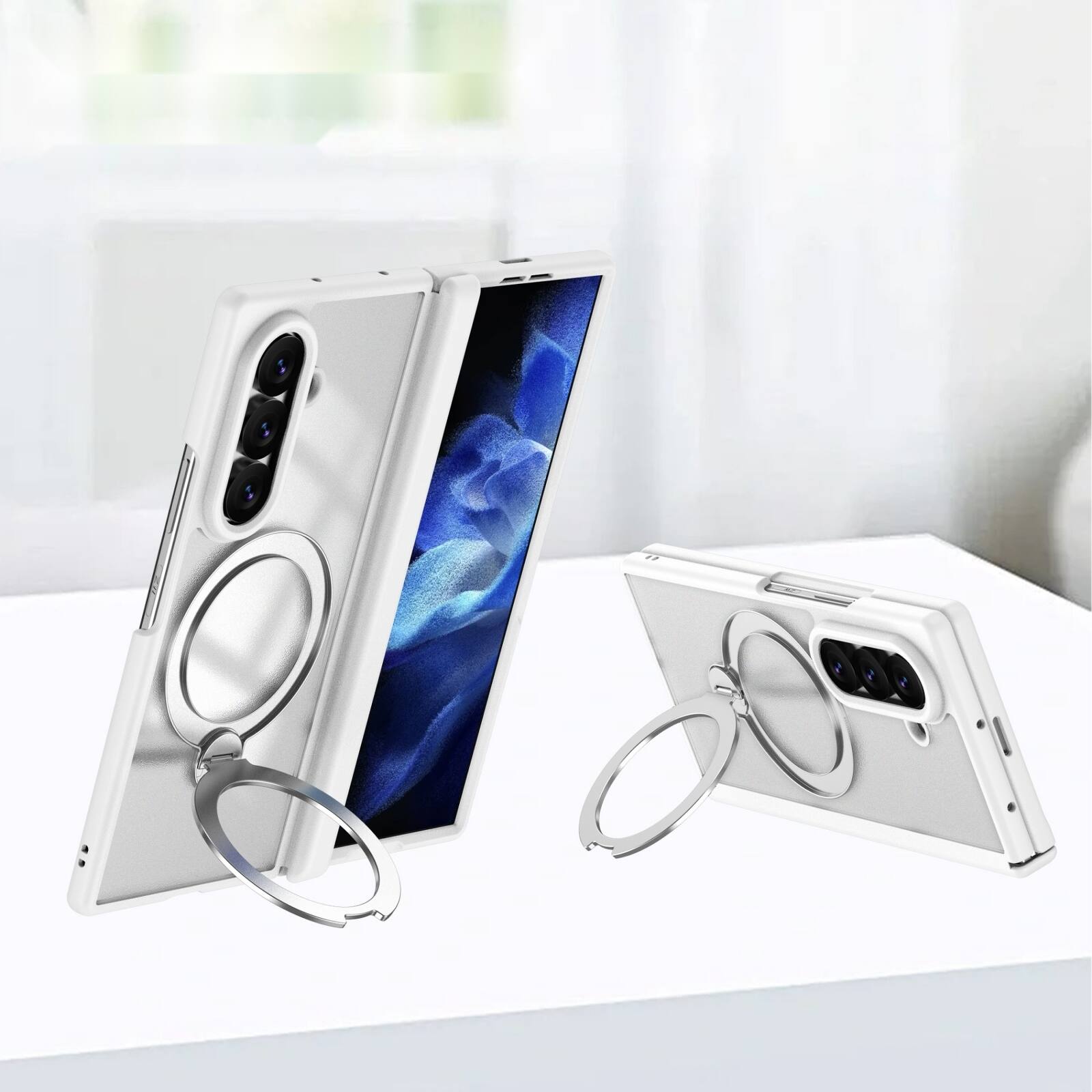 Angle. Dteck - For Samsung Galaxy Z Fold 7 Magnetic Case Built-in Screen Protector,Shockproof Ring Stand Clear Back Hinge Protect Cover - White.