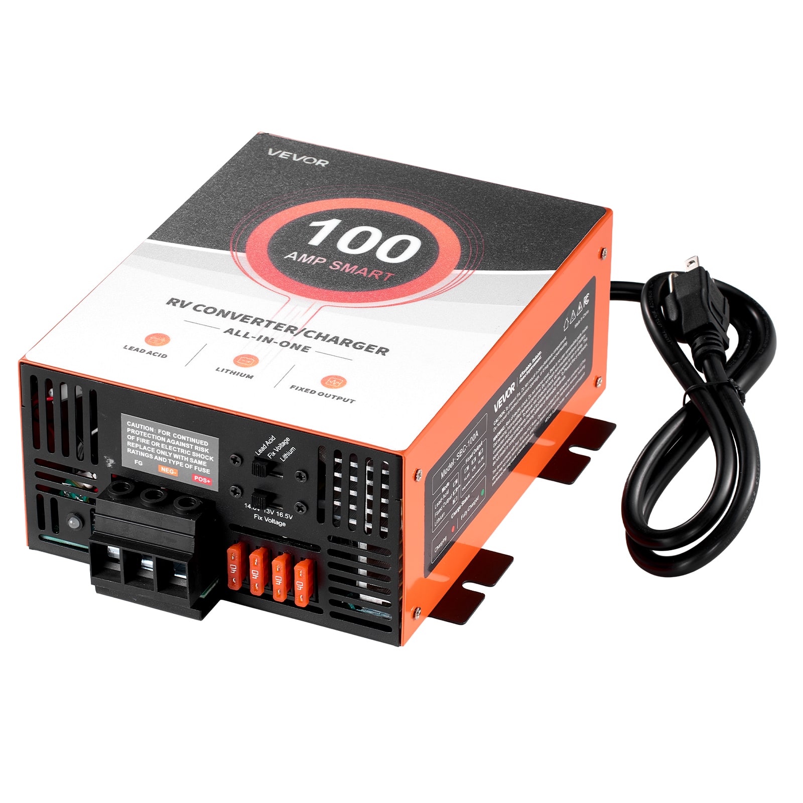 VEVOR - RV Power Converter, 100 Amp, 110V AC to 12V DC RV Converter Battery Charger, Multi Stage Smart Charging, 13V to 16.5V - Black;Orange