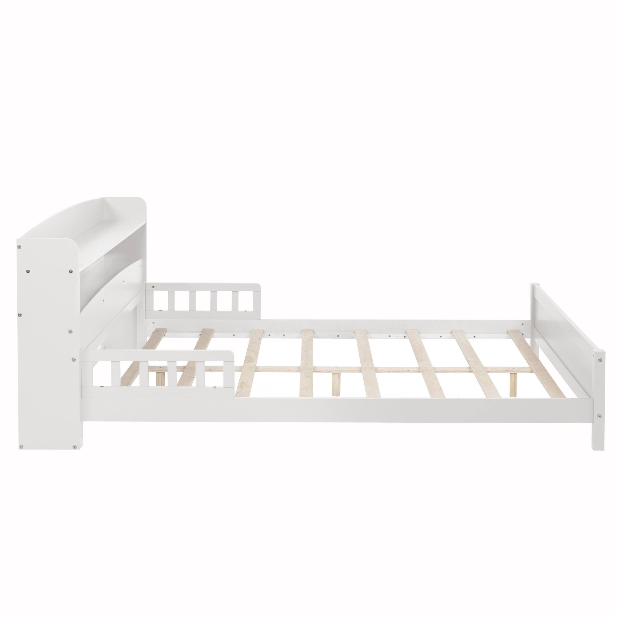 Alt View 1. GOODSILO - Full Size Wooden Bed with Integrated Bookshelf Headboard and LED Motion Sensor Lighting System - White.