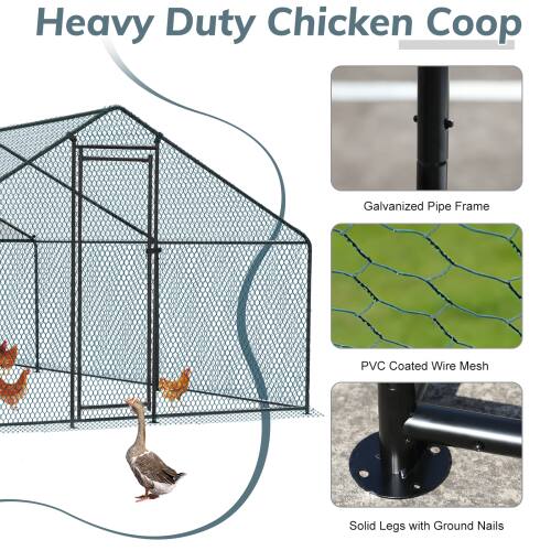 Heavy Duty Chicken Coop  
Galvanized Pipe Frame  
PVC Coated Wire Mesh  
Solid Legs with Ground Nails