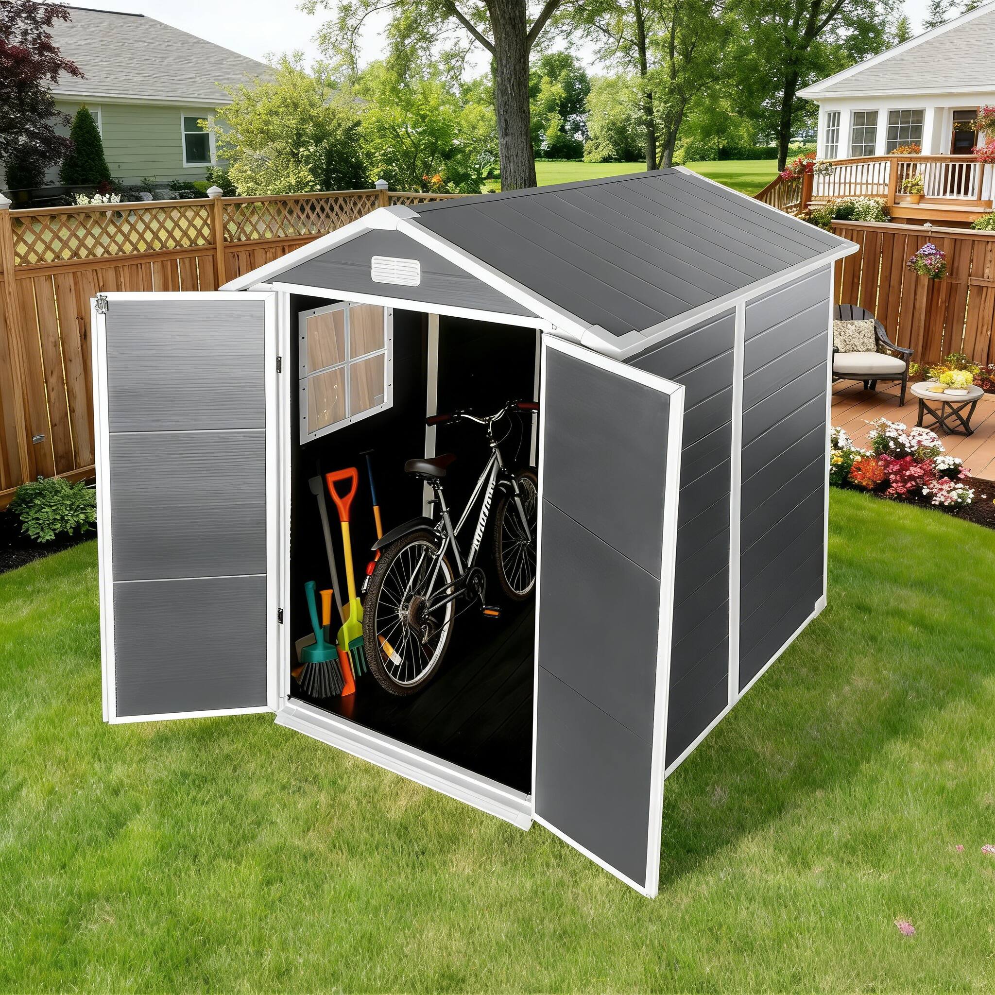 Alt View 4. Loheer - Loheer 6x6 Ft Plastic Outdoor Storage Shed Resin Garden Shed with Floor and Lockable Door Gray.