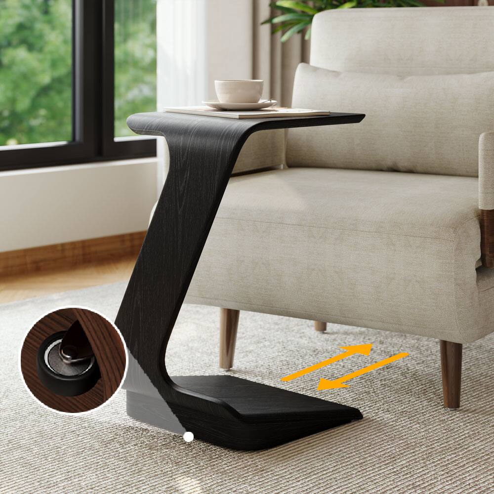 Back. POVISON - 15" Modern C-Shaped Side Table with Wheels, Mid-Century Modern, Black Color End Table for Living Room - Black.