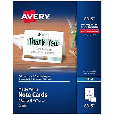 AVERY 8315  
Free Easy-to-Use Avery Templates  
AveryTemplates.com  

CAPITOL  
Thank You  
FOR ALL YOUR HARD WORK!  
WE COULDN'T DO IT WITHOUT YOU  

60 cards • 60 envelopes  
Heavyweight • 80lb cover • 216 g/m²  
Superperforated for easy separation  

Matte White Note Cards  
4 1/4" x 5 1/2" (folded)  
2 cards per 8315  

Inkjet  

8315