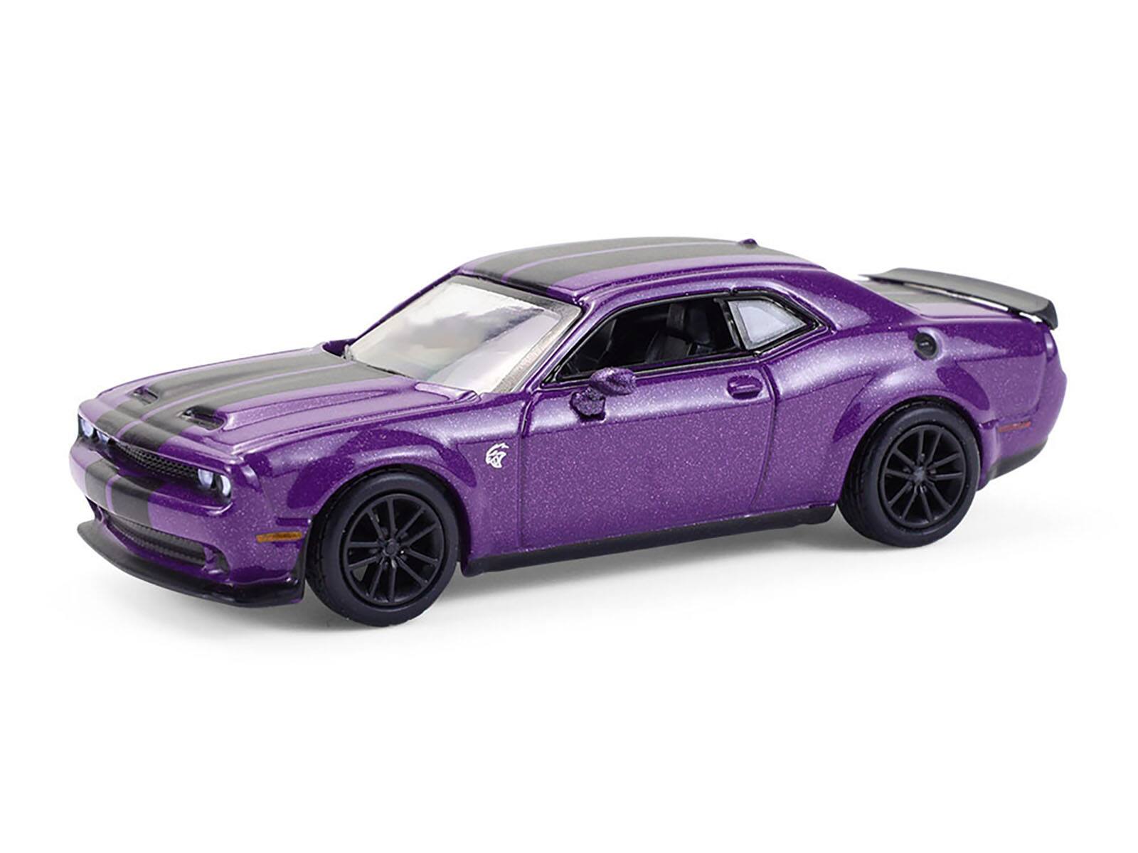 Angle. Greenlight - 2023 Dodge Challenger SRT Hellcat Plum Crazy Metallic with Black Stripes "Showroom Floor" Series 7 1/64 - Plum Crazy Metallic with Black Stripes.
