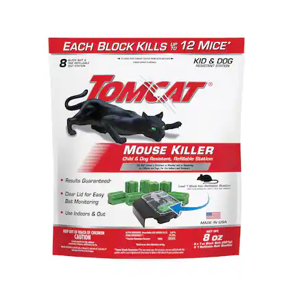EACH BLOCK KILLS 1/2 12 MICE*
TOMCAT® MOUSE KILLER
Child & Dog Resistant, Refillable Station
- Results Guaranteed
- Clear Lid for Easy Bait Monitoring
- Use Indoors & Out
KID & DOG RESISTANT STATION
Load 1 Block Into Refillable Station
MADE IN USA
KEEP OUT OF REACH OF CHILDREN
CAUTION
ACTIVE INGREDIENTS:
Bromethalin 0.005%
OTHER INGREDIENTS 99.995%
NET WT. 8 oz (227g)
8 x 1 oz Block Bait (28g) & 1 Refillable Bait Station
INGREDIENTS: RUPPS Camales Desotaion ta 10T 00.00% ewud - ideratury deoting Pamat Breads Gerentse - de - the - a - atled - de prodec - . - orighn - d pde . - u nalo o - purchew p
ACTIV INGRIDEN Iromriilo CAI 1313-25-7 80