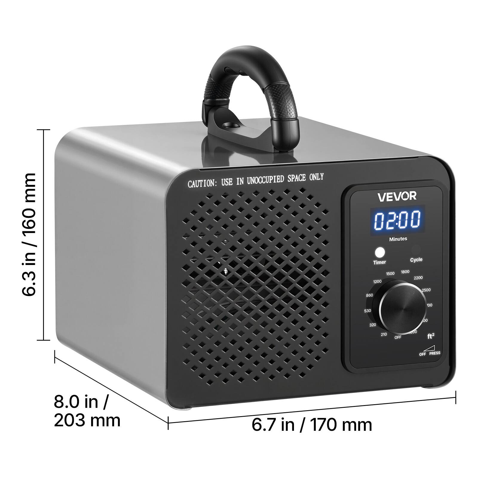 mm 160 in / 160 / in 6.3 UNOCCUPIED SPACE ONLY CAUTION: USE IN + VEVOR 02:00 Minutes Timer Cycle 1500 1800 2200 1200 3500 800 D0 530 -0 210 OFF edo de  OFF PRESS 8.0 in / 203 mm 6.7 in / 170 mm