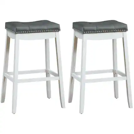 Front. Costway - Costway Set of 2 Nailhead Saddle Bar Stools 29" Pub Chairs with Rubber Wood Legs - White.