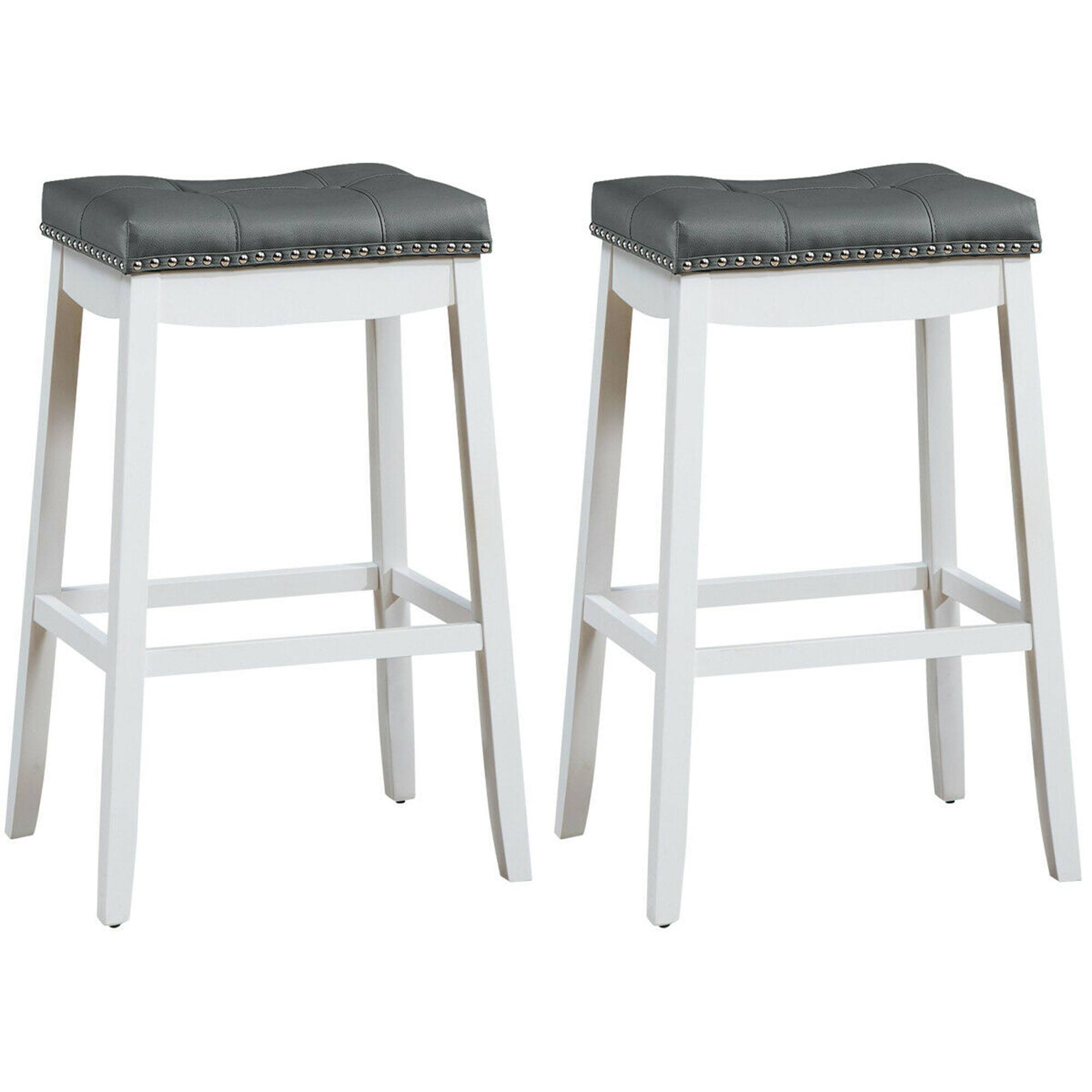 Gymax - Set of 2 Nailhead Saddle Bar Stools 29'' Pub Chairs with Rubber Wood Legs White - as pic