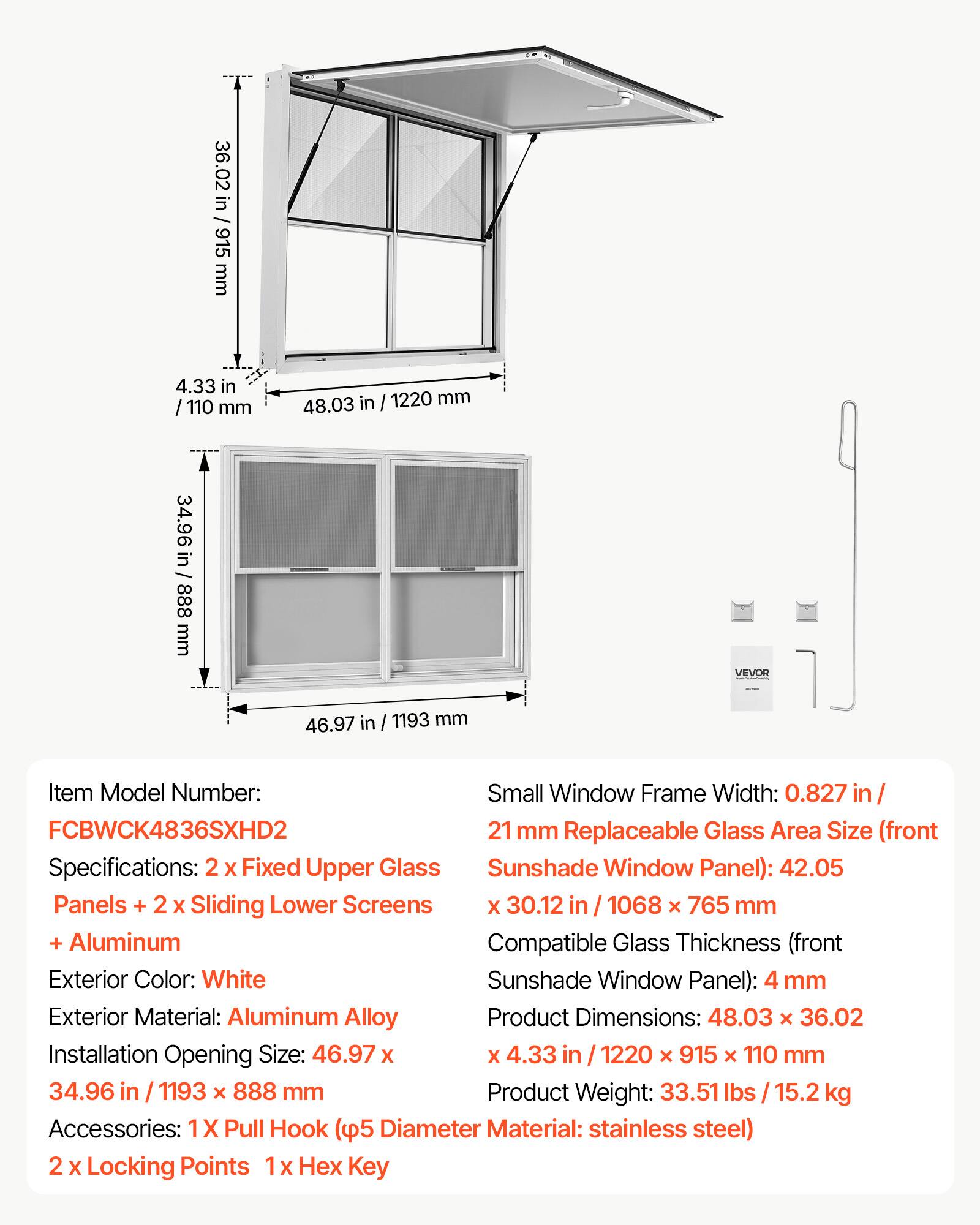 VEVOR Concession Window 48x36 in Aluminum Alloy Service Window, for ...
