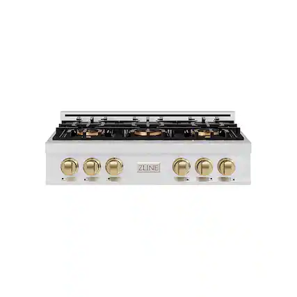 Front. ZLINE - ZLINE Autograph 36 in. Satin Steel Classic Rangetop with 6 DuoPro Burners and Bronze Accents (PCRTSZ-36-CB) - Satin Stainless Steel.