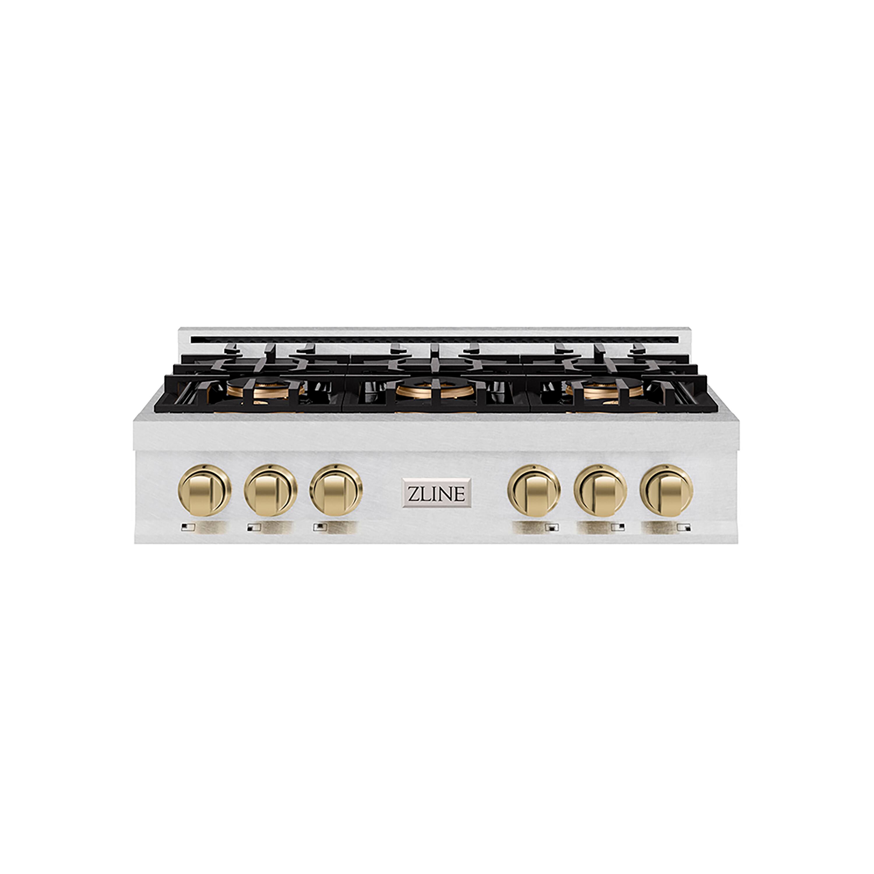 Front. ZLINE - ZLINE Autograph 36 in. Satin Steel Classic Rangetop with 6 DuoPro Burners and Bronze Accents (PCRTSZ-36-CB) - Satin Stainless Steel.