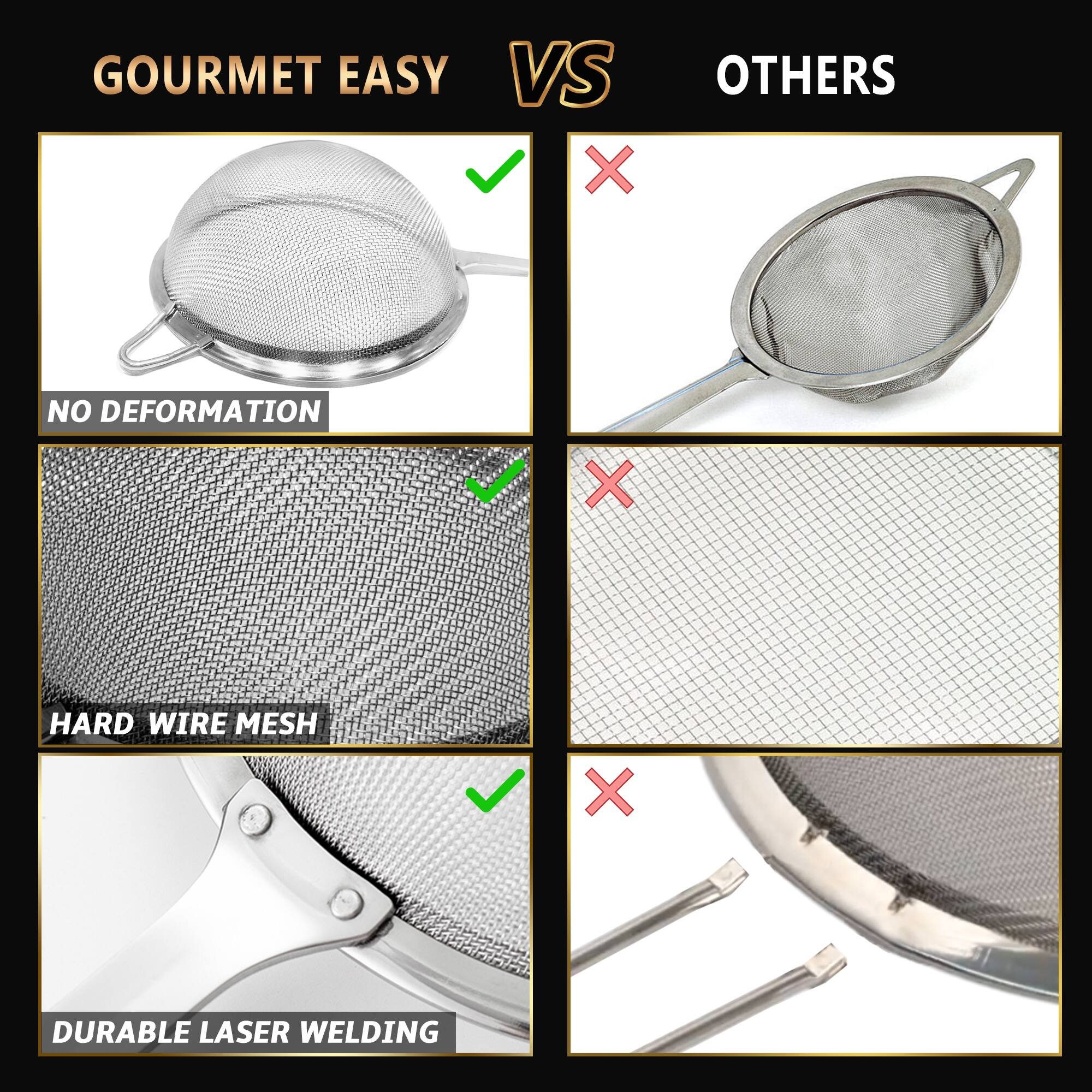 Alt View 2. Gourmet Easy - Stainless Steel Fine Mesh Strainer Set: 1 Large Flour Sifter, 1 Small Pasta/Rice Sieve, 1 Silicone Can Strainer, Durable - Stainless Steel.
