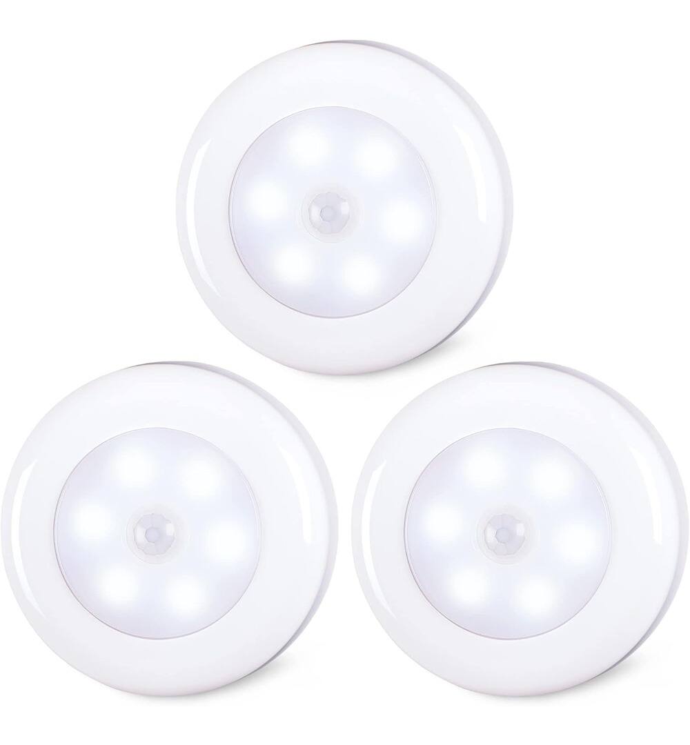 Front. ACJPR - Motion Sensor Puck Lights – Battery Operated, Cool White, 3-Pack.