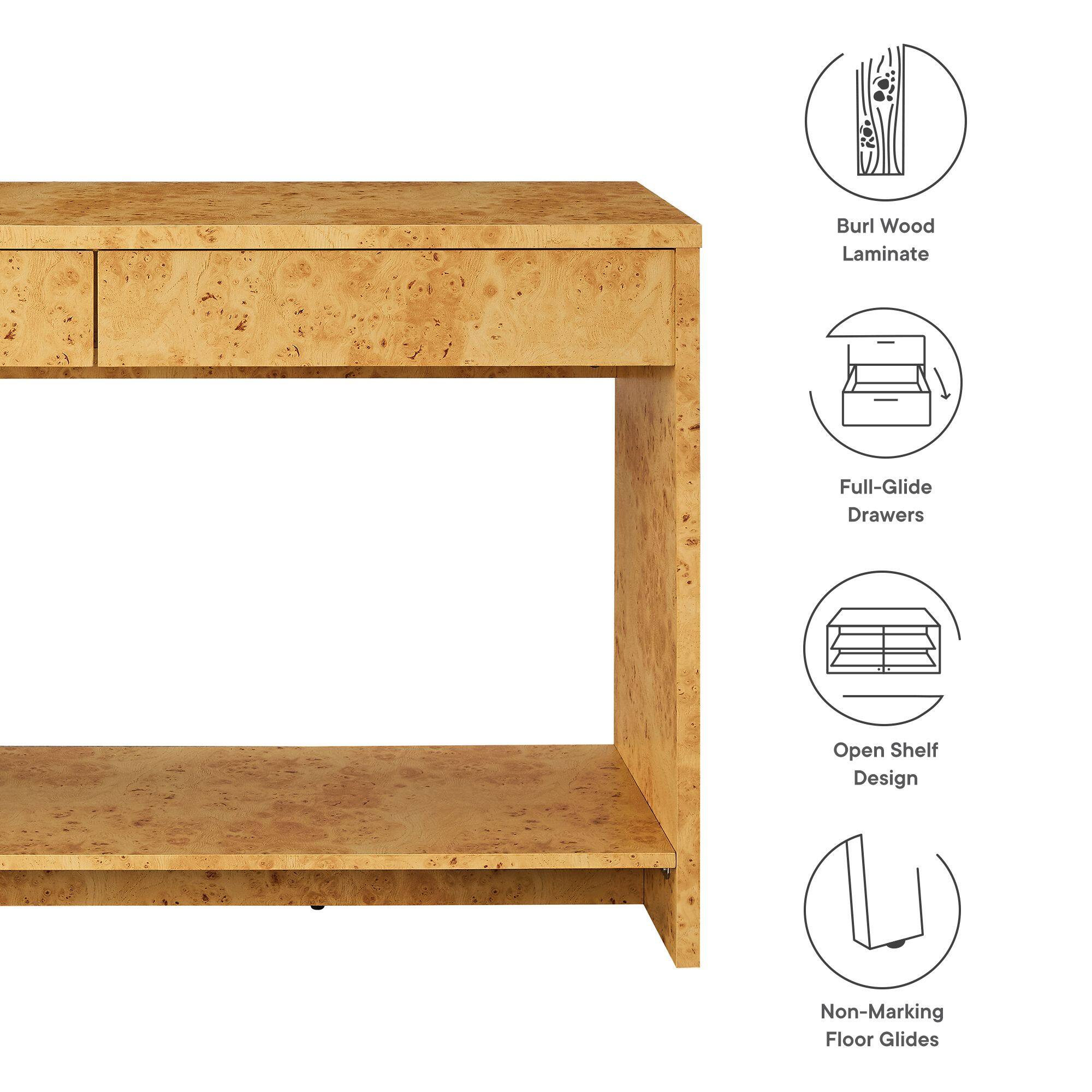 Burl Wood Laminate  
Full-Glide Drawers  
Open Shelf Design  
Non-Marking Floor Glides