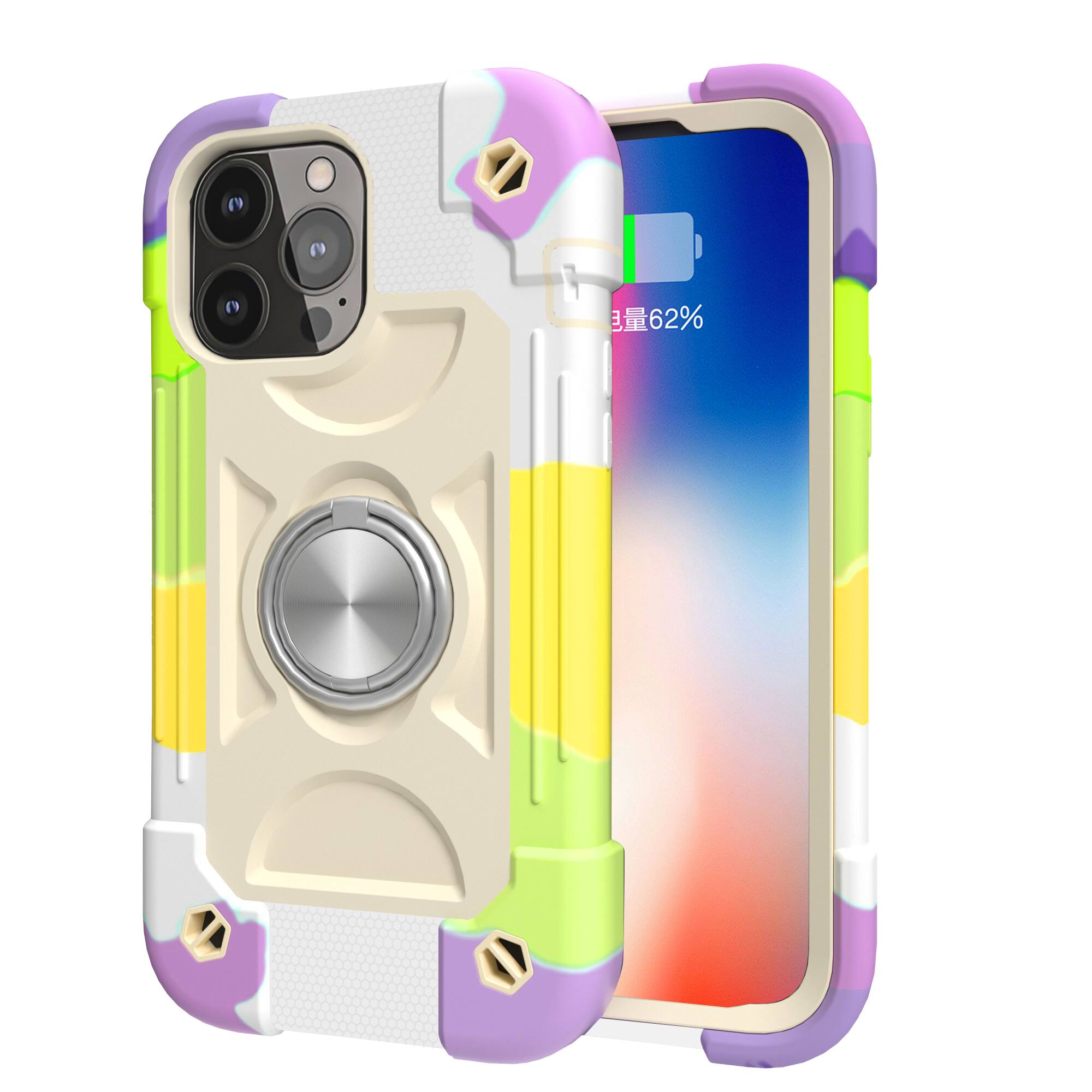Dteck - Rugged Case for iPhone 13 with Rotate Ring Stand, Military Grade Drop Protection Heavy Duty Shockproof Protective Cover - Rainbow Beige