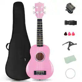 Winado - 21" Basswood 4-String Soprano Ukulele Kit Includes Gig Bag, Strap, Picks, Strings and Cleaning Cloth - Pink
