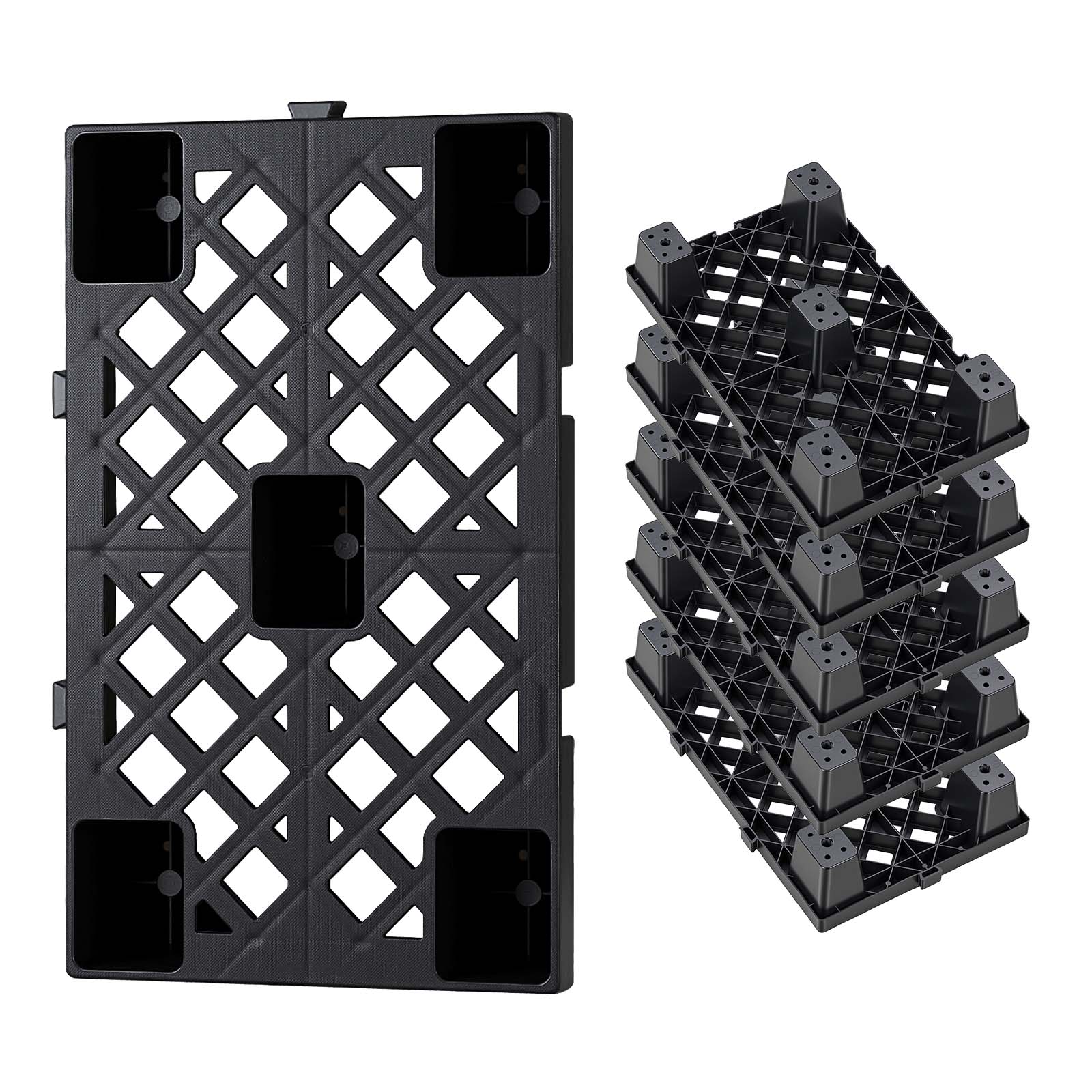 Front. VEVOR - Plastic Pallets, 6 Pcs Plastic Pallets for Basement Storage, Nestable Lightweight Waterproof Storage Pad with Breathable - Black.