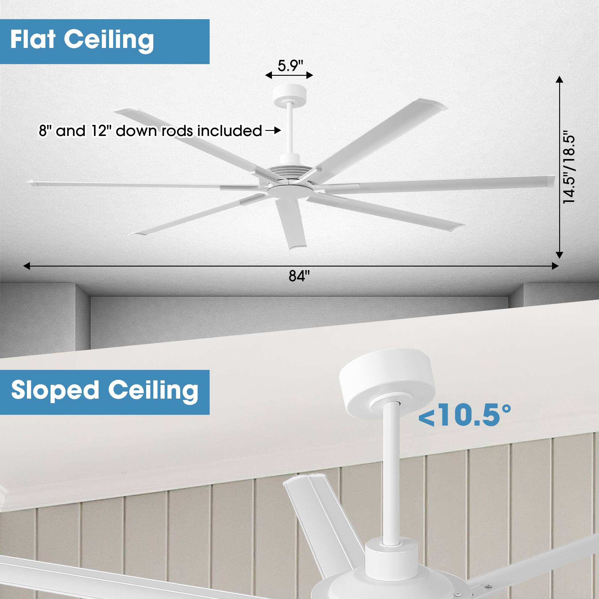 Flat Ceiling  
5.9"  
8" and 12" down rods included  
14.5"/18.5"  
84"  

Sloped Ceiling  
<10.5°