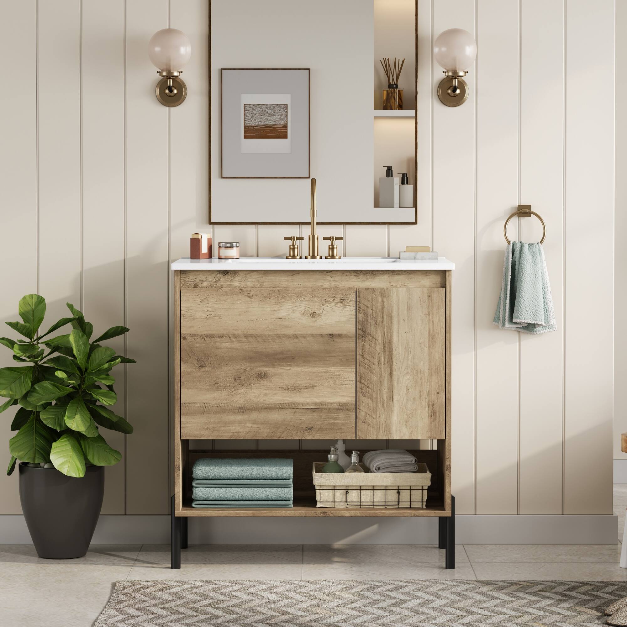 Alt View 7. Glintex - 30" Bathroom Vanity with Sink, Storage Cabinet with Sliding Drawer, Open Shelf, Modern Bath Design - Natural Wood.