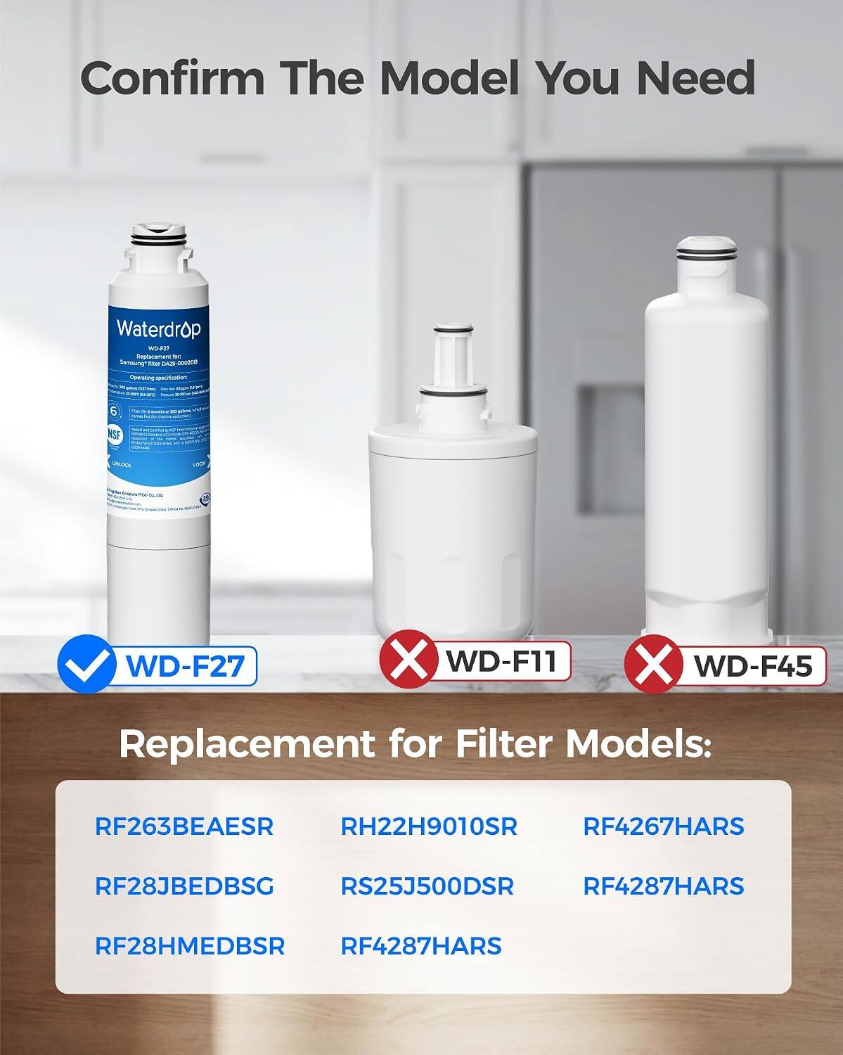 Confirm The Model You Need

Waterdrop WD-F27 Replacement for Samsung' Star BOODOO-ESAO Operating specification

- 6 NSF
- UNEOOK
- COOK
- WD-F27
- X WD-F11
- X WD-F45

Replacement for Filter Models:
- RF263BEAESR
- RH22H9010SR
- RF4267HARS
- RF28JBEDBSG
- RS25J500DSR
- RF4287HARS
- RF28HMEDBSR
- RF4287HARS