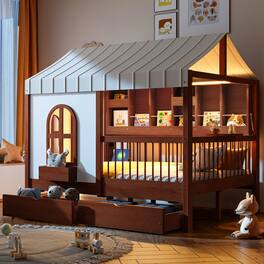 Whisen - Full Size House Platform Bed with 2 Large Drawers,Side Bookshelf,Charging Station and LED Lights - Espresso