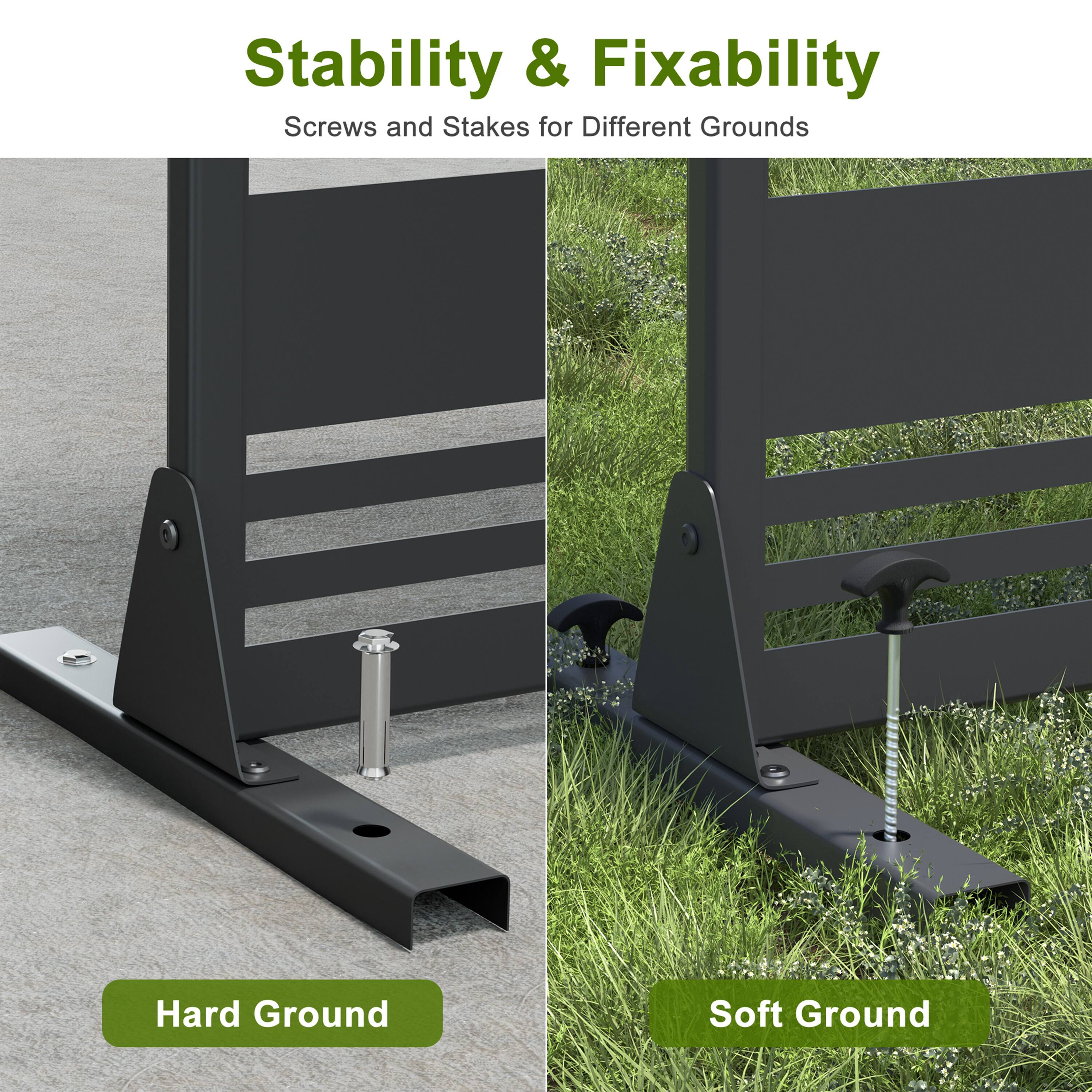 Stability & Fixability  
Screws and Stakes for Different Grounds  

Hard Ground  
Soft Ground