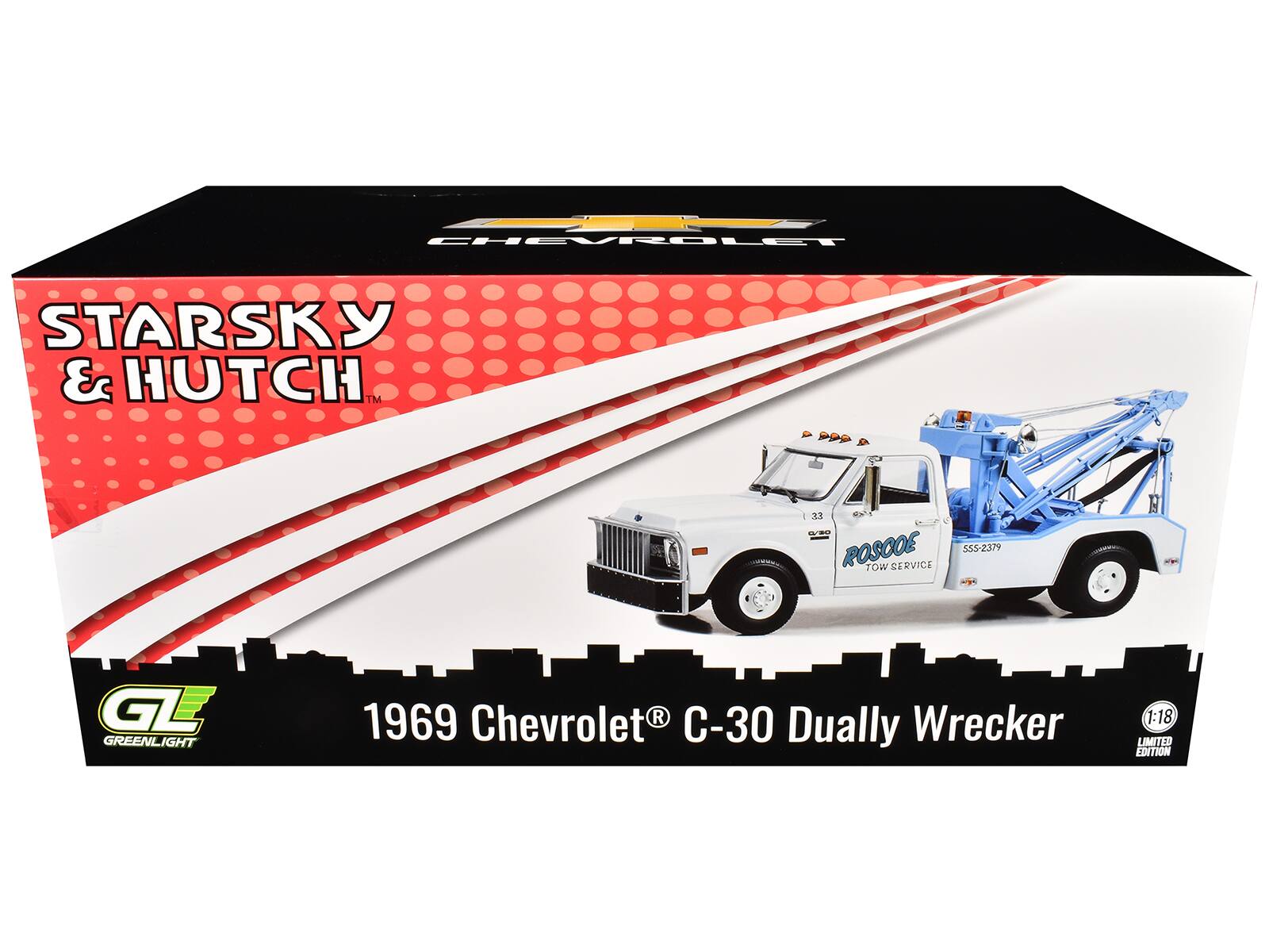 CHEVROLET STARSKY & HUTCH TM 13 -- ROSCOE 555-2379 TOW SERVICE GL GREENLIGHT 1969 Chevrolet C-30 Dually Wrecker - 1:18 LIMITED EDITION