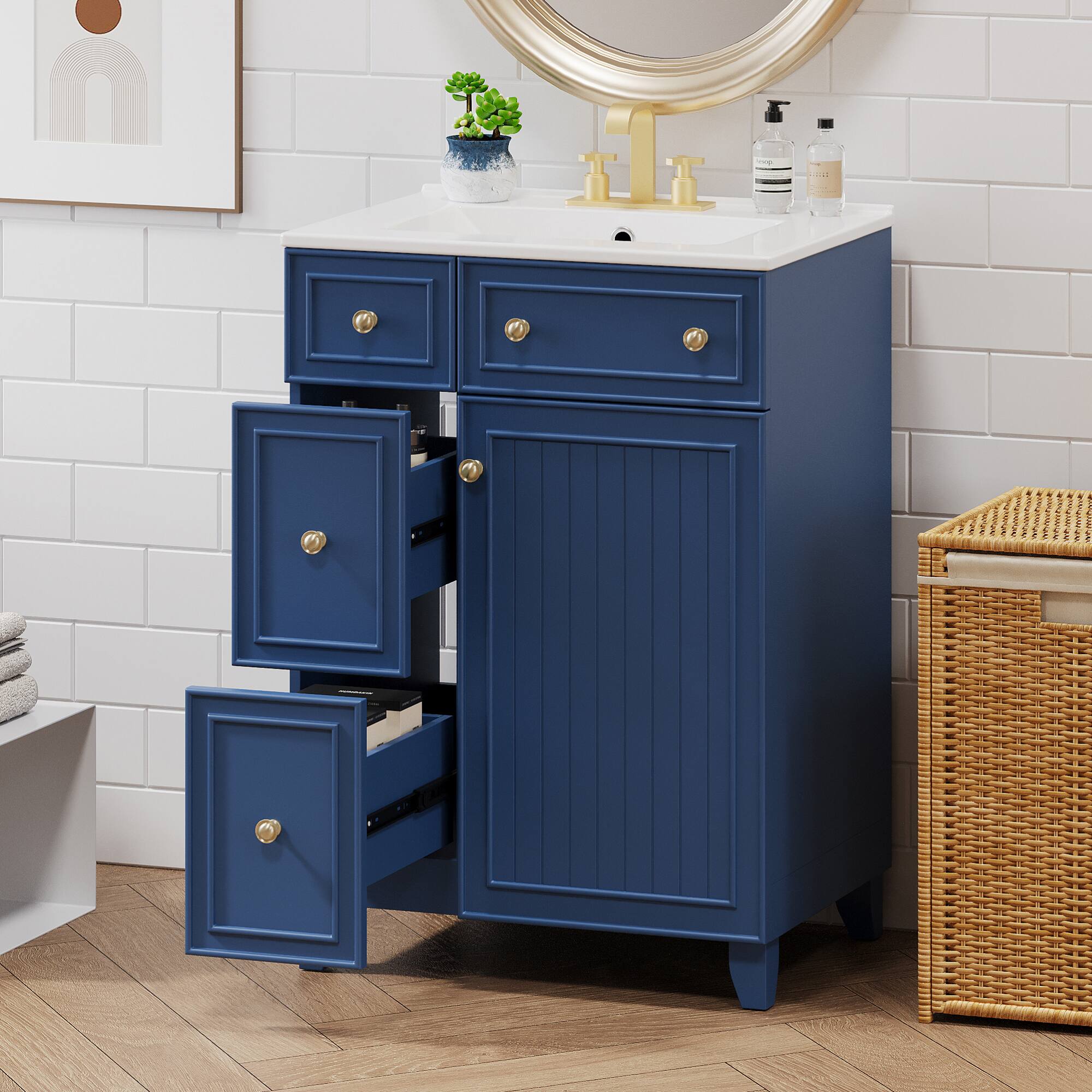 Left. ELEMENT ACE - Compact 24-Inch Bathroom Vanity Cabinet with Ceramic Sink and Ample Storage Space - Blue.