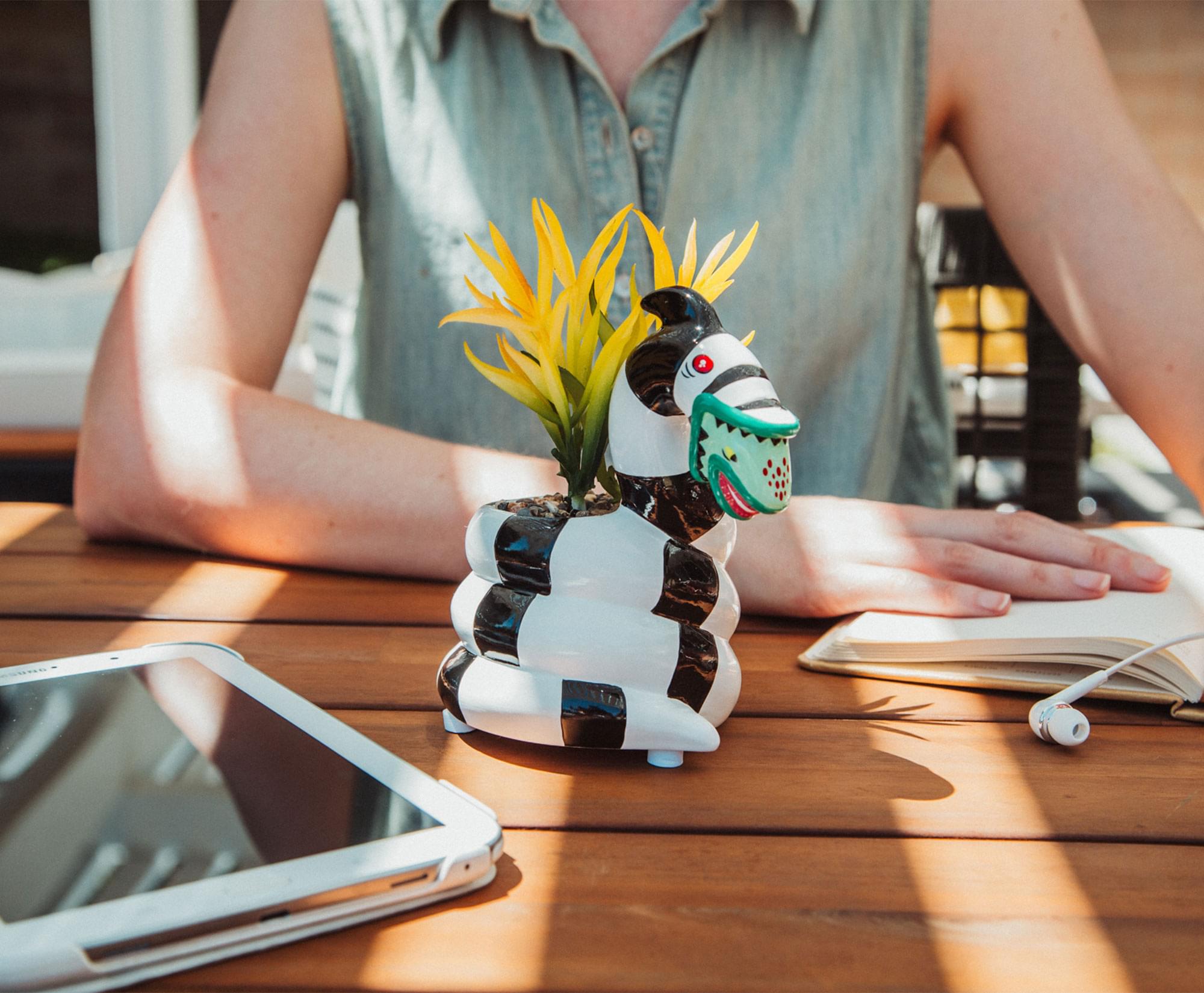 Alt View 2. Silver Buffalo - Beetlejuice Sandworm 6-Inch Ceramic Planter With Artificial Succulent - White.