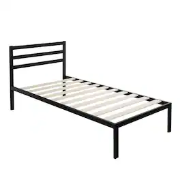 Hivvago - Twin Modern Metal Platform Bed Frame with Headboard and Wood Slats - Black