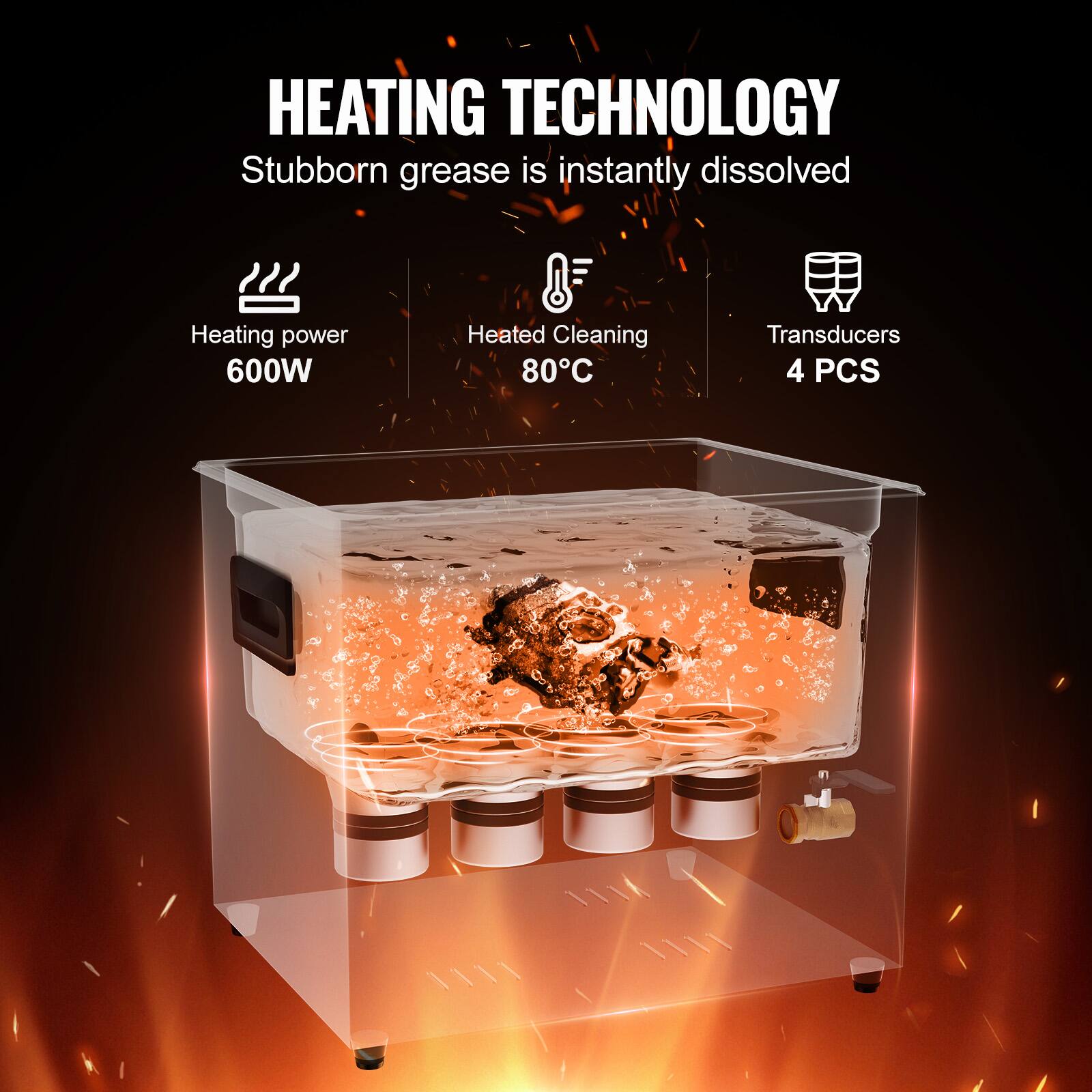 HEATING TECHNOLOGY
Stubborn grease is instantly dissolved
Heating power 600W
Heated Cleaning 80C
Transducers 4 PCS