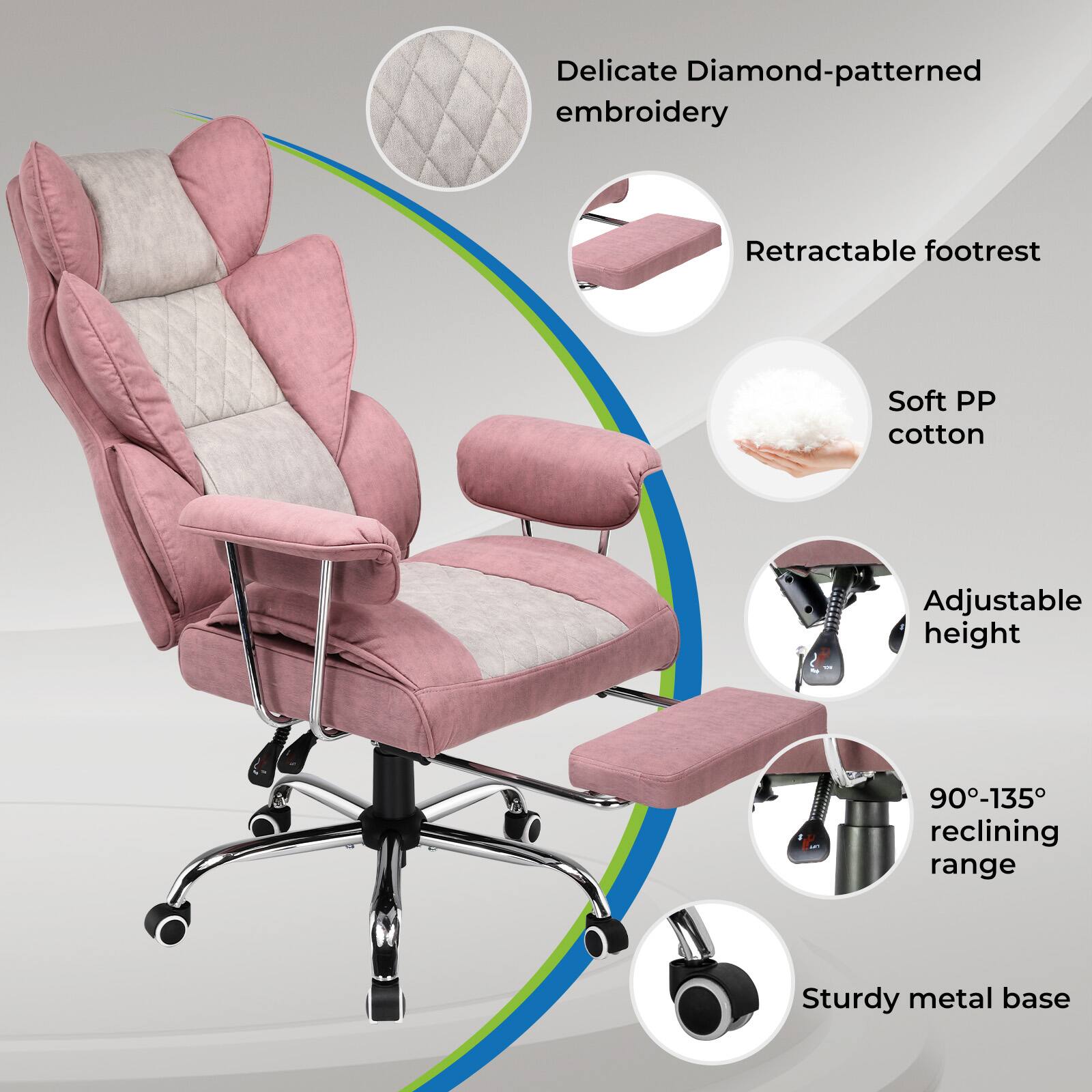 - Delicate Diamond-patterned embroidery
- Retractable footrest
- Soft PP cotton
- Adjustable height
- 90°-135° reclining range
- Sturdy metal base