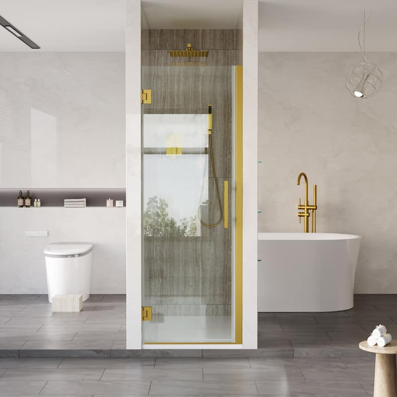 WELLFOR - 26–27 in. W x 72 in. H Frameless Hinged Shower Door with 3/8" Clear Tempered Glass, Reversible Opening - Brushed Gold