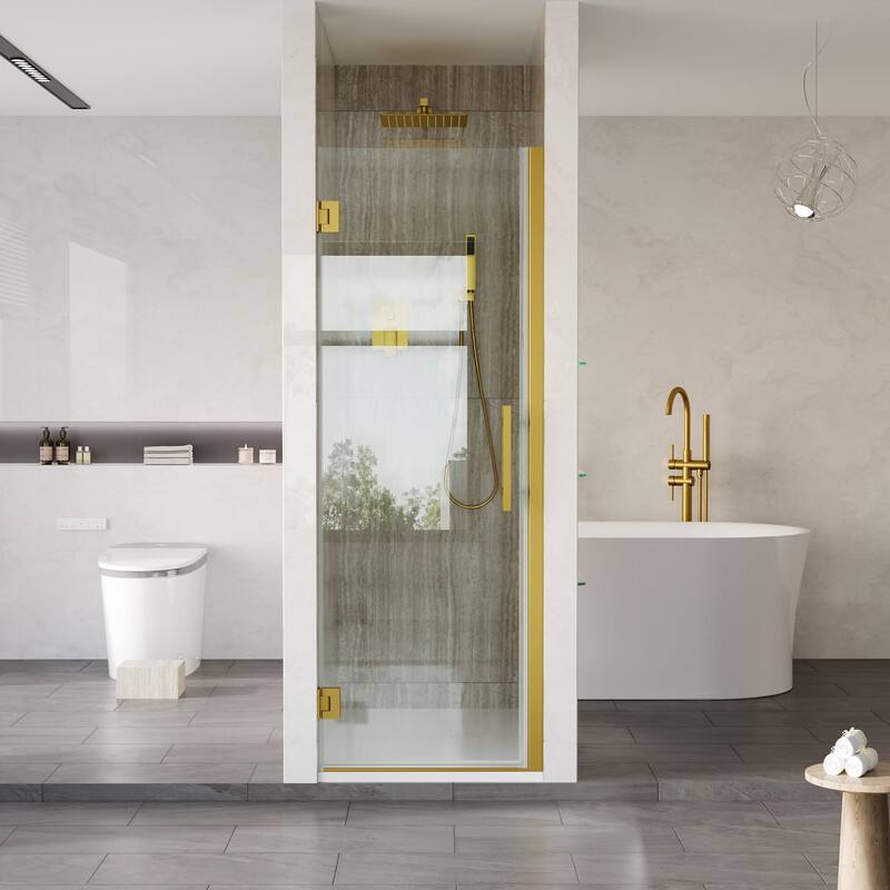 Front. WELLFOR - 25–26 in. W x 72 in. H Frameless Hinged Shower Door with 3/8" Clear Tempered Glass, Reversible Opening - Brushed Gold.