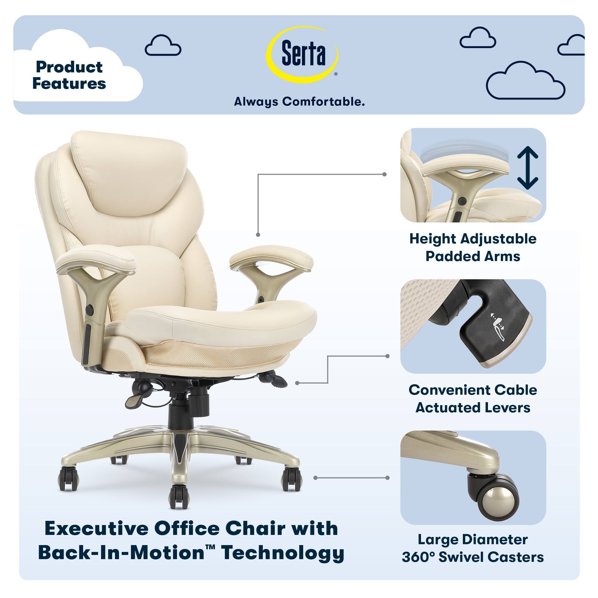 The image showcases an executive office chair with a back-in-motion technology, which provides comfort and support for the user. The chair has a height-adjustable padded armrest, making it suitable for various sitting positions. The chair also features a convenient cable-actuated lever, which allows for easy adjustments. Additionally, the chair has a large diameter of 360 swivel casters, providing smooth and effortless movement. The overall design and features of the chair make it an ideal choice for an executive office setting.