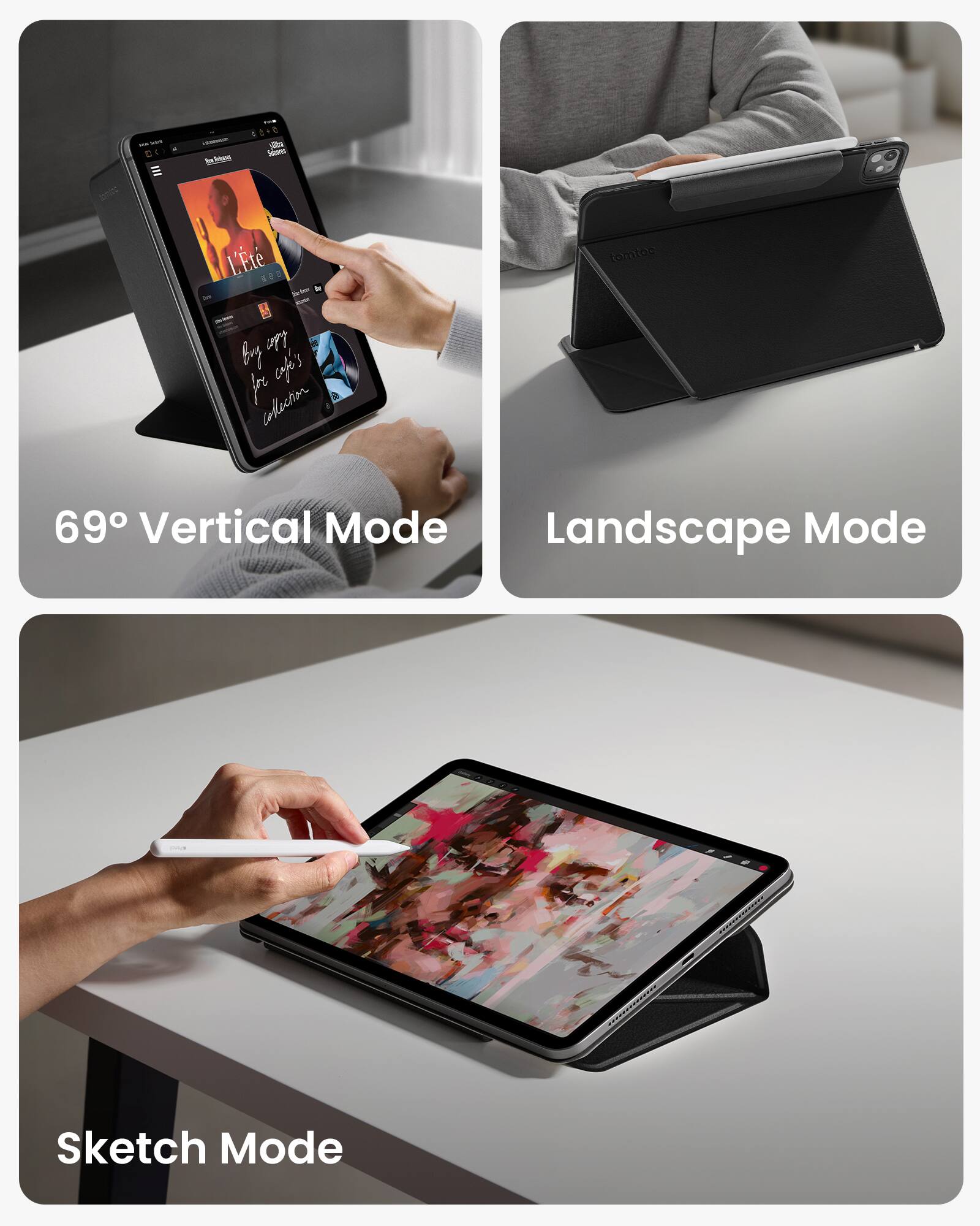 The image shows a table with a tablet and a stylus on it. The tablet is in vertical mode and landscape mode, and it is also in sketch mode. The tablet is being used by a person who is pointing at the screen. The tablet is placed on a white table, and there is a chair nearby.