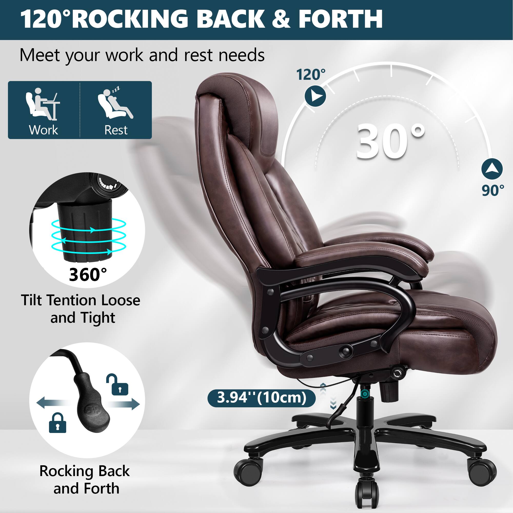 120° ROCKING BACK & FORTH

Meet your work and rest needs

Work Rest

360° Tilt Tension Loose and Tight

30° 90°

3.94" (10cm) Rocking Back and Forth