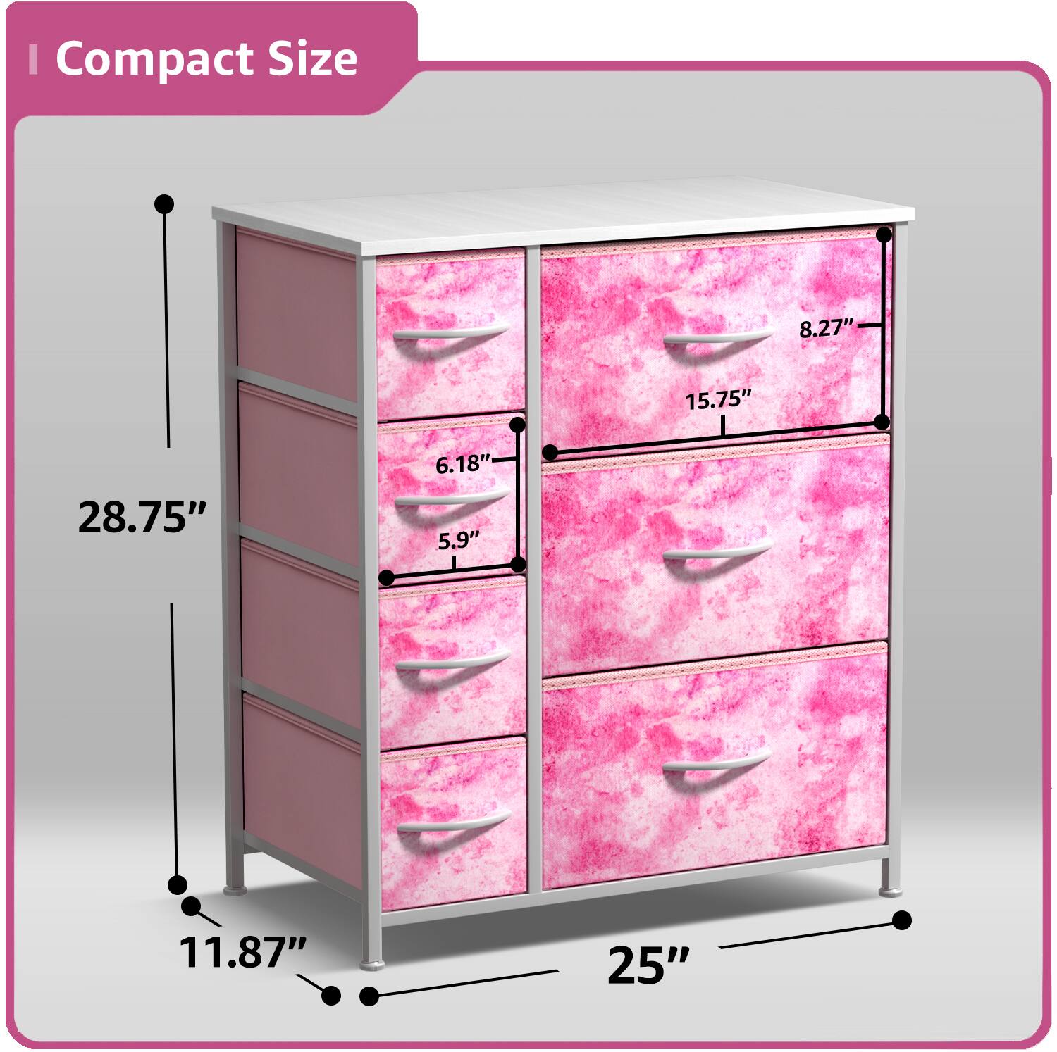Compact Size

- Height: 28.75"
- Width: 25"
- Depth: 11.87"
- Drawer 1: 8.27" (Width) x 15.75" (Height)
- Drawer 2: 6.18" (Height)
- Drawer 3: 5.9" (Height)