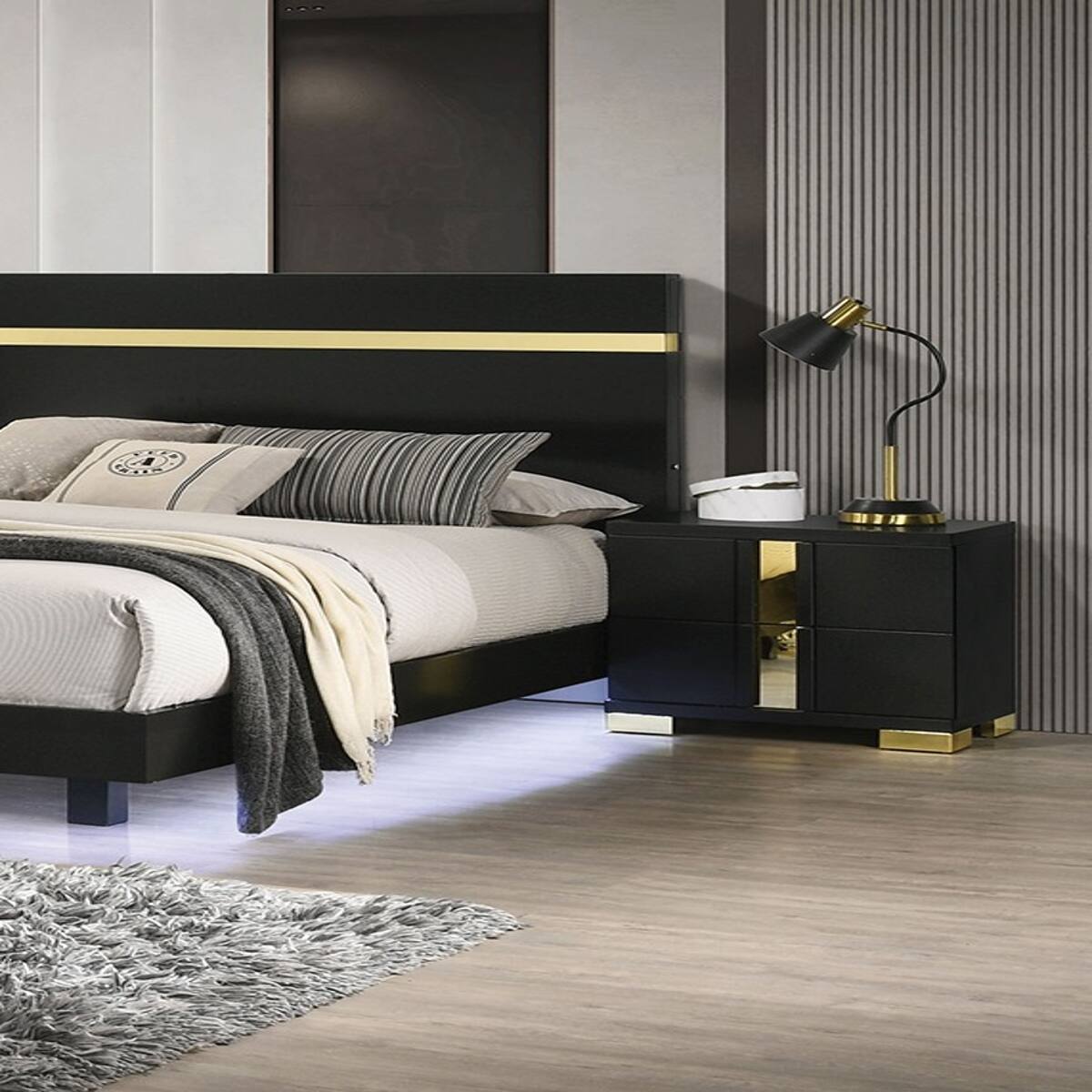 Alt View 4. Loheer - Loheer Black and Gold Nightstand with Two Drawers and Metal Legs - Black.