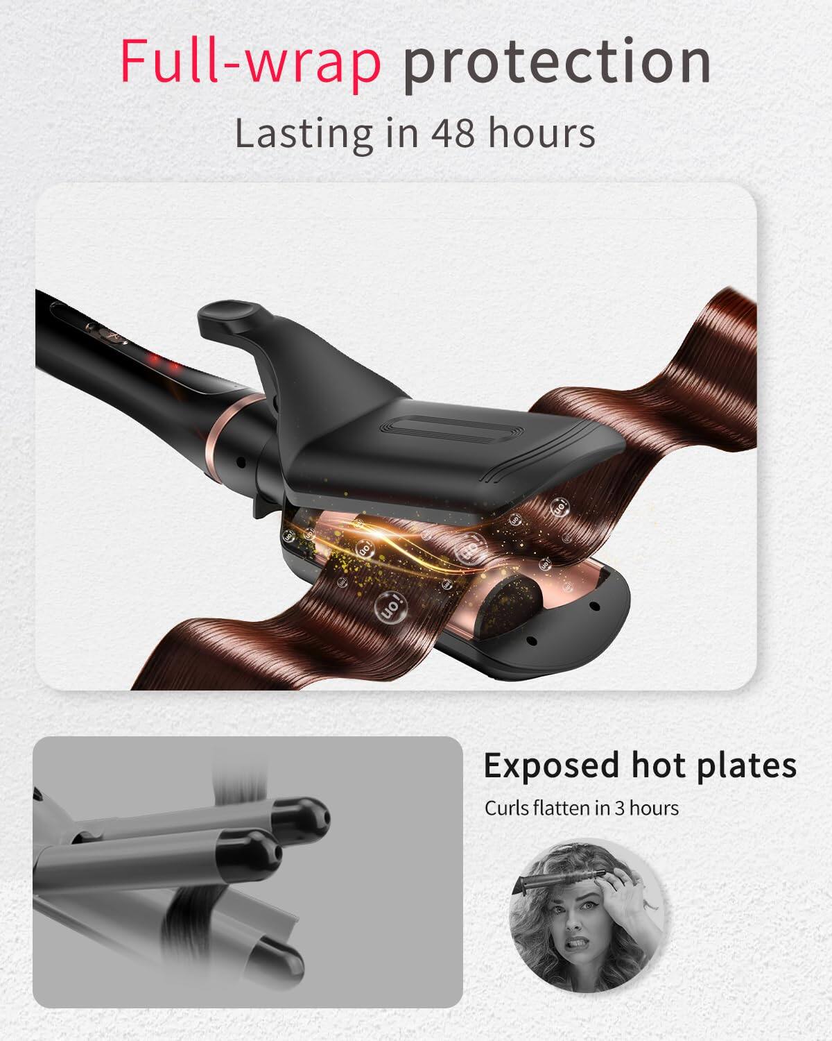 Full-wrap protection  
Lasting in 48 hours  

Exposed hot plates  
Curls flatten in 3 hours